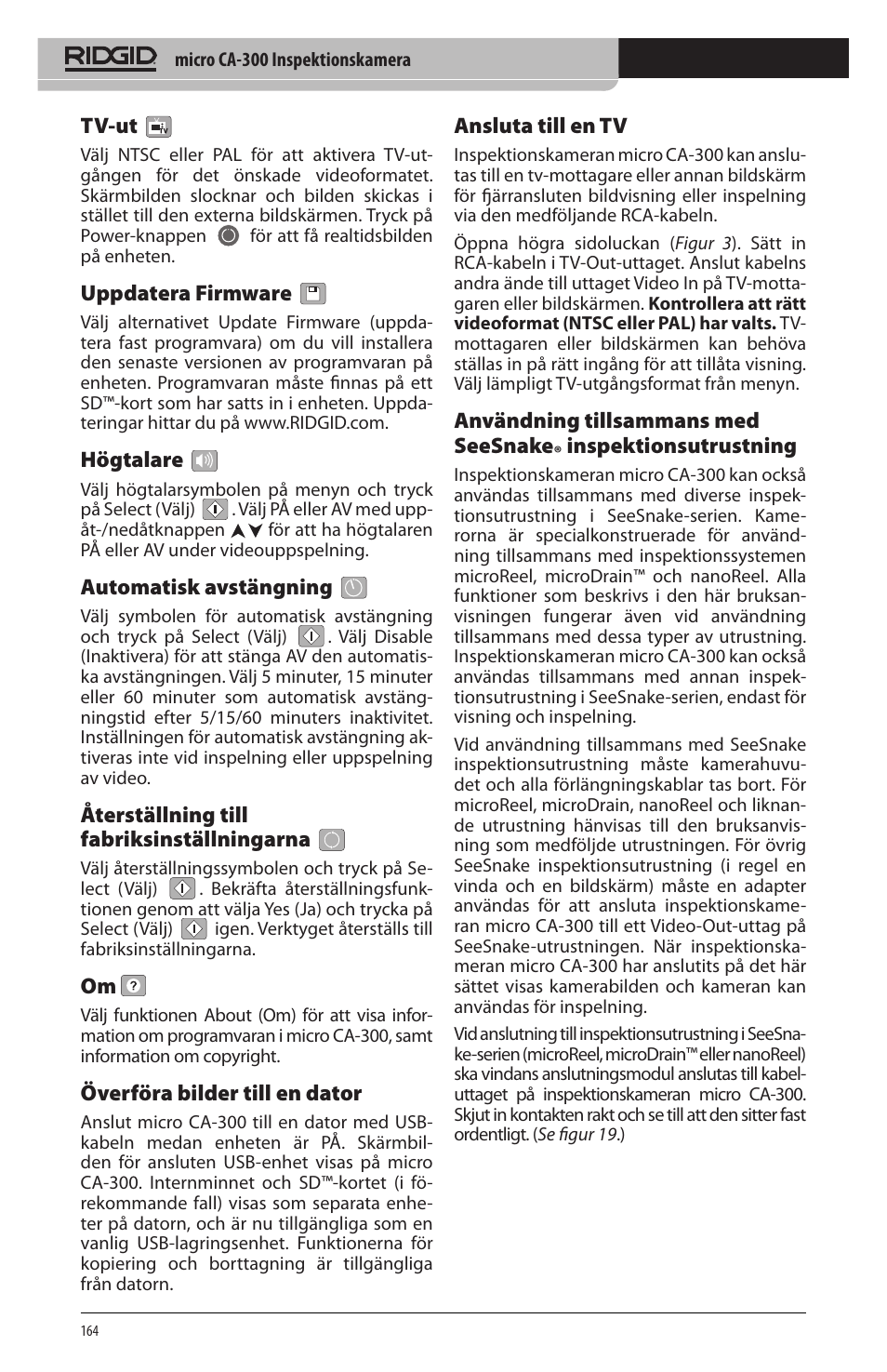 Tv‑ut, Uppdatera firmware, Högtalare | Automatisk avstängning, Återställning till fabriksinställningarna, Överföra bilder till en dator, Ansluta till en tv, Användning tillsammans med seesnake, Inspektionsutrustning | RIDGID micro CA-300 User Manual | Page 166 / 472