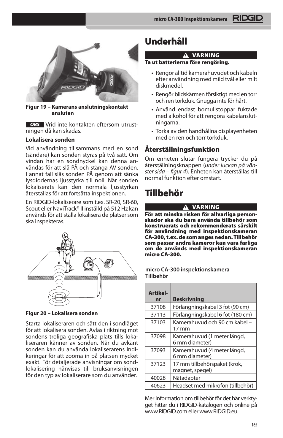 Underhåll, Tillbehör, Återställningsfunktion | RIDGID micro CA-300 User Manual | Page 167 / 472