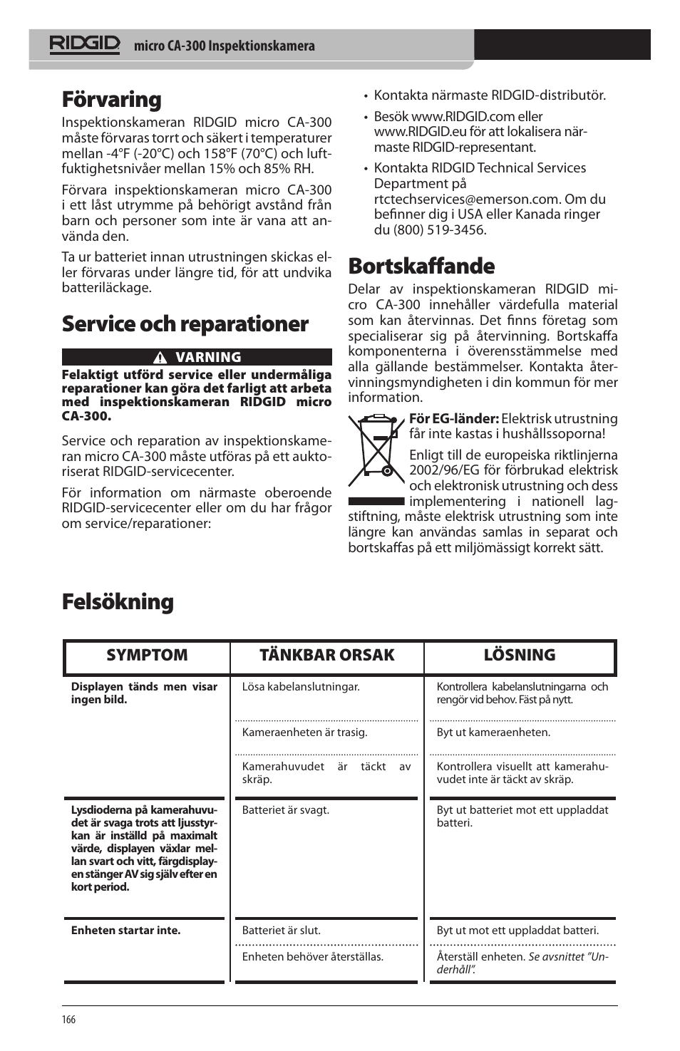 Förvaring, Service och reparationer, Bortskaffande | Felsökning, Symptom tänkbar orsak lösning | RIDGID micro CA-300 User Manual | Page 168 / 472