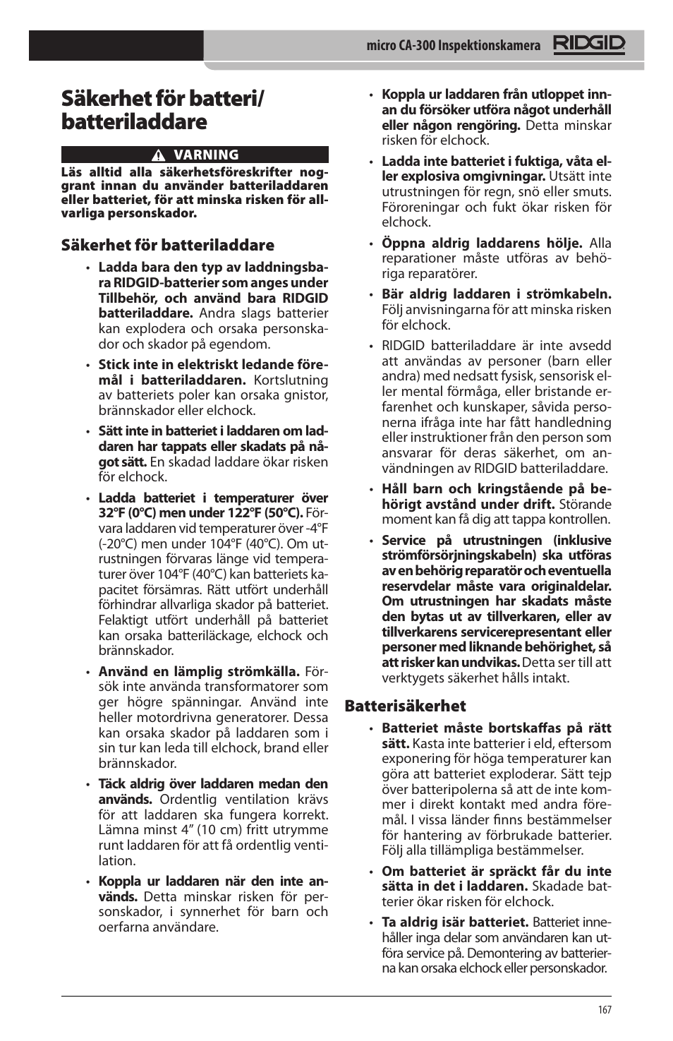 Säkerhet för batteri/ batteriladdare, Säkerhet för batteriladdare, Batterisäkerhet | RIDGID micro CA-300 User Manual | Page 169 / 472