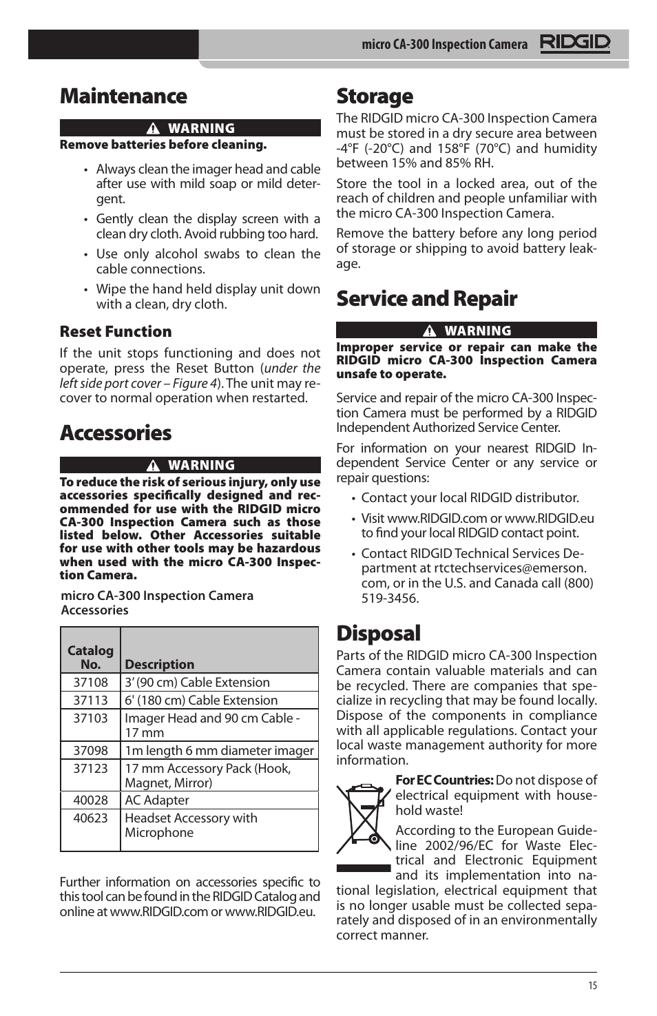 Maintenance, Accessories, Storage | Service and repair, Disposal, Reset function | RIDGID micro CA-300 User Manual | Page 17 / 472