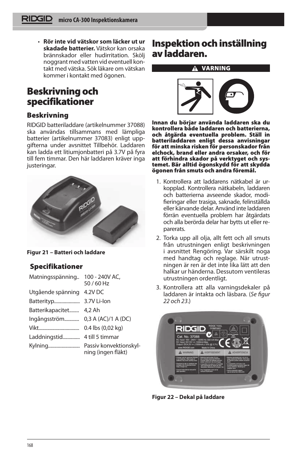 Beskrivning och specifikationer, Inspektion och inställning av laddaren | RIDGID micro CA-300 User Manual | Page 170 / 472