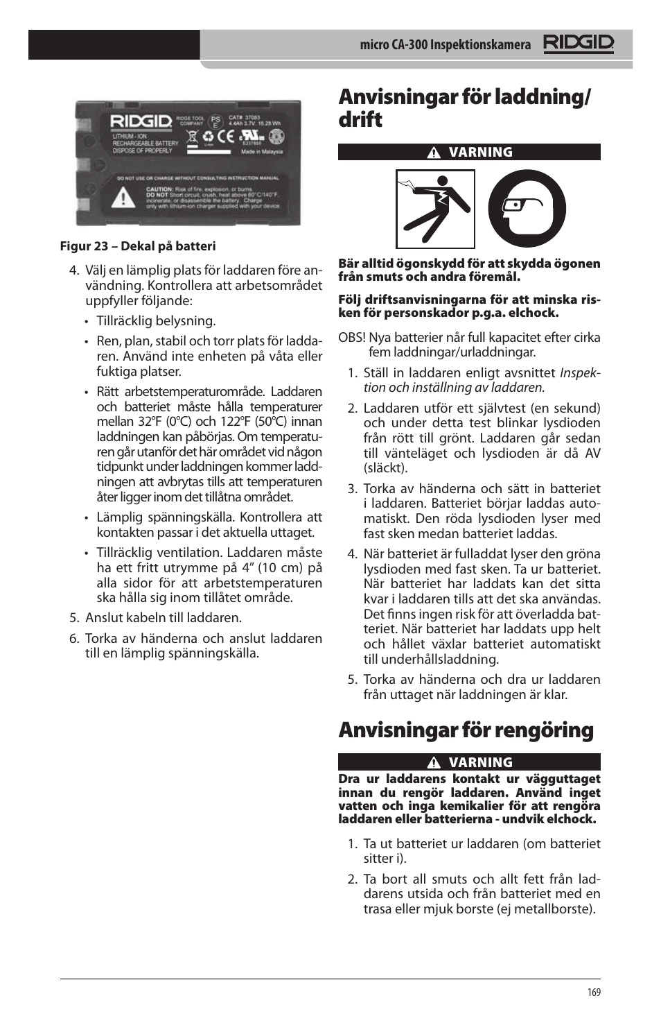 Anvisningar för laddning/ drift, Anvisningar för rengöring | RIDGID micro CA-300 User Manual | Page 171 / 472