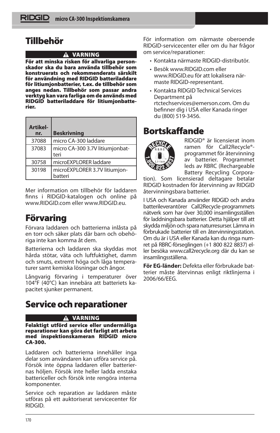 Tillbehör, Förvaring, Service och reparationer | Bortskaffande | RIDGID micro CA-300 User Manual | Page 172 / 472