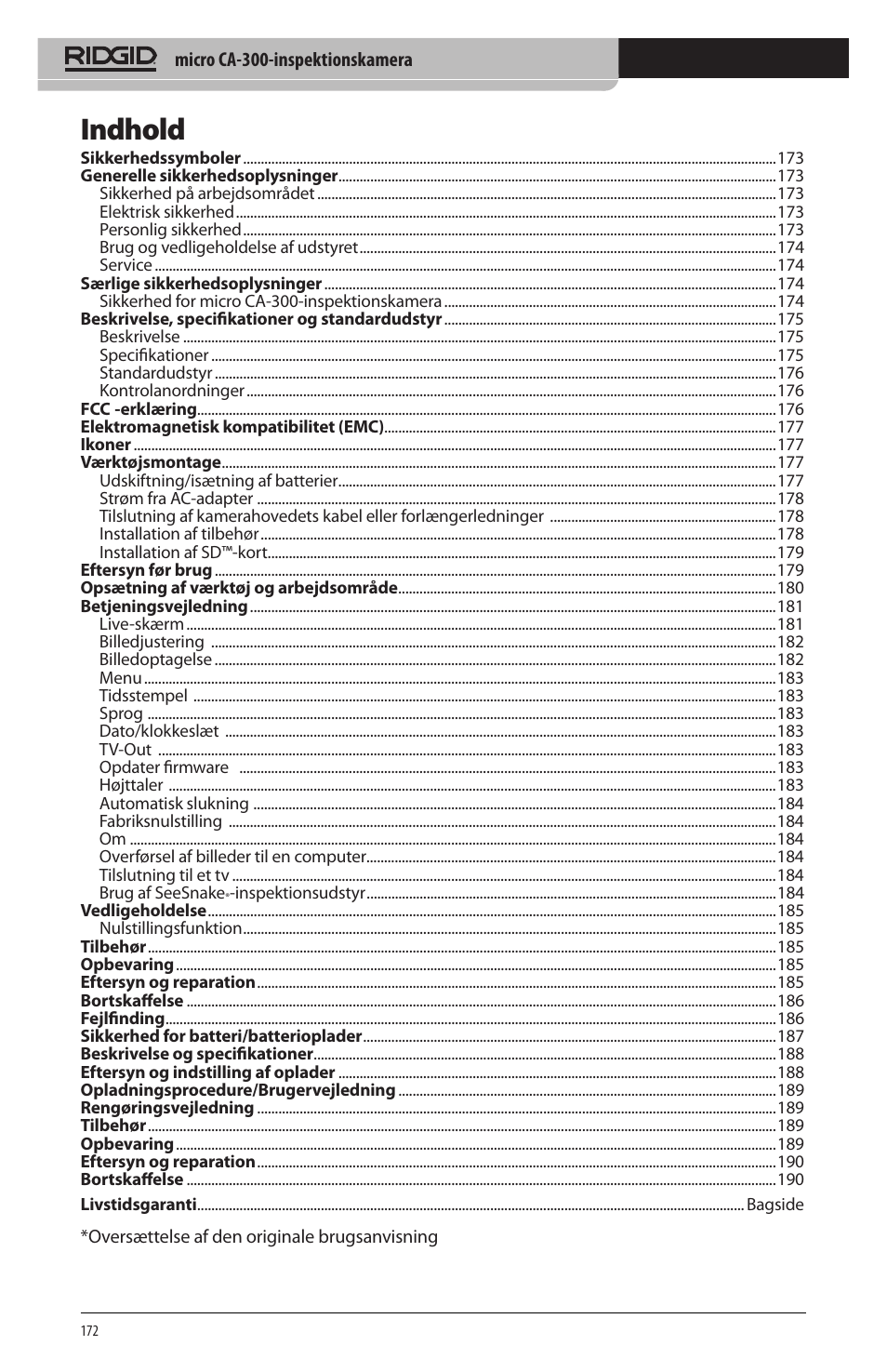 Indhold | RIDGID micro CA-300 User Manual | Page 174 / 472