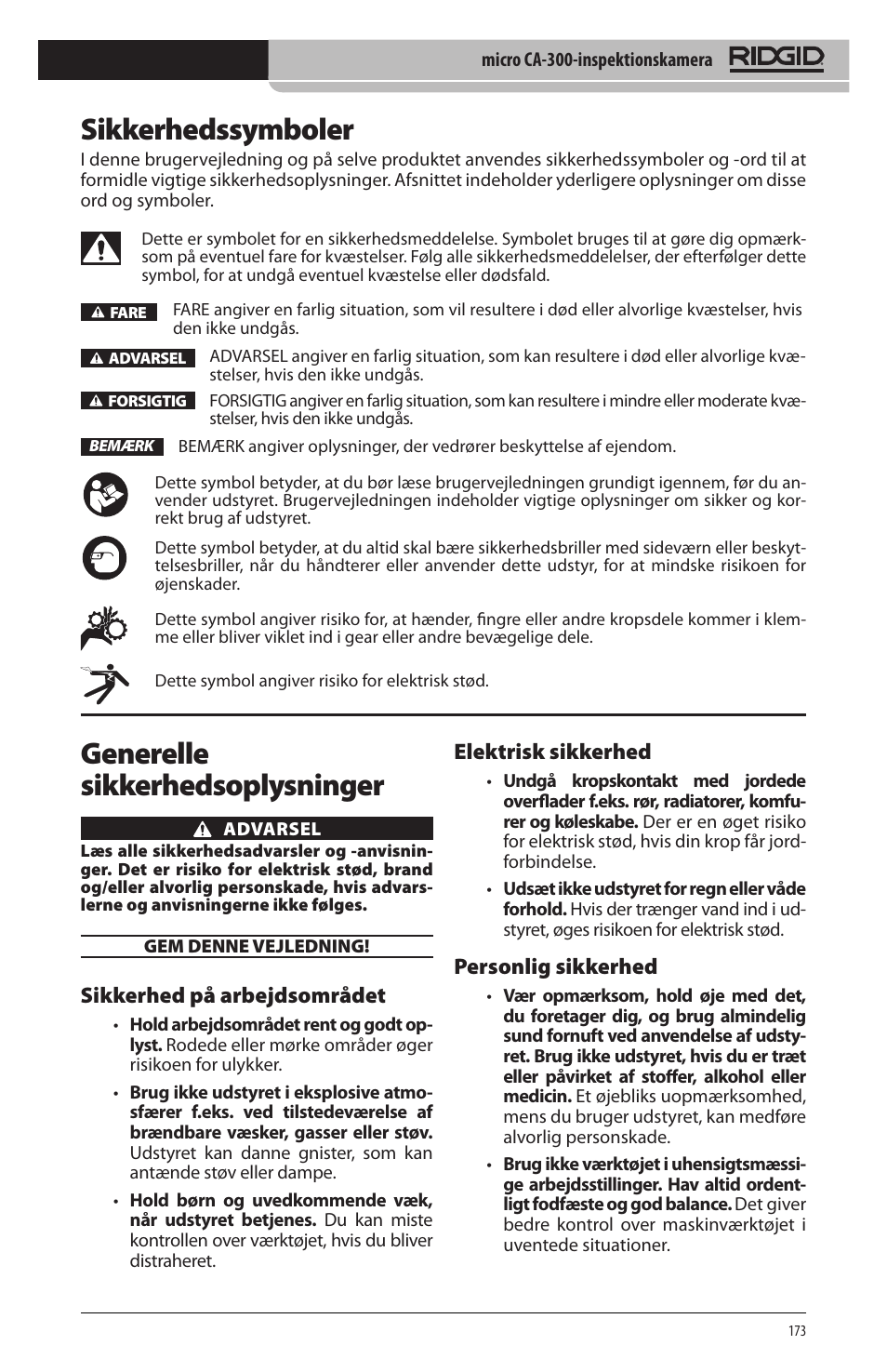 Sikkerhedssymboler, Generelle sikkerhedsoplysninger, Sikkerhed på arbejdsområdet | Elektrisk sikkerhed, Personlig sikkerhed | RIDGID micro CA-300 User Manual | Page 175 / 472