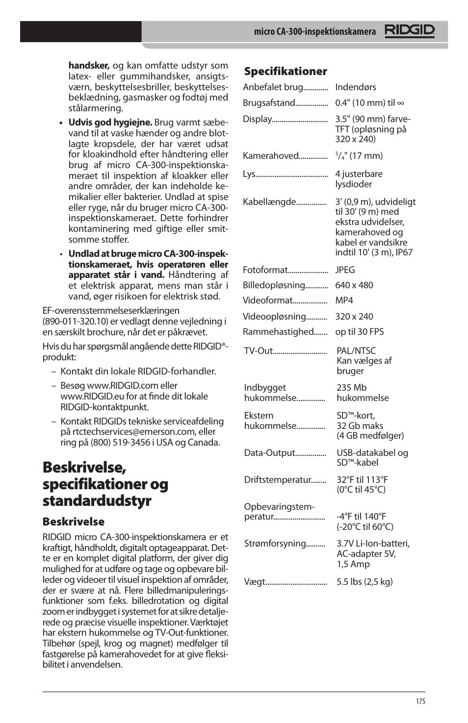 Beskrivelse, specifikationer og standardudstyr, Beskrivelse, Specifikationer | RIDGID micro CA-300 User Manual | Page 177 / 472