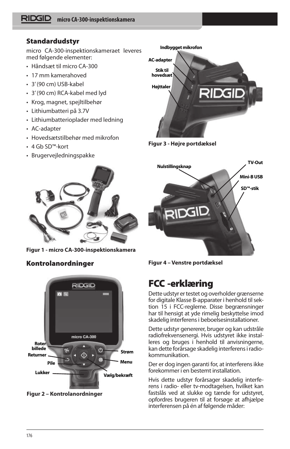 Fcc -erklæring, Standardudstyr, Kontrolanordninger | RIDGID micro CA-300 User Manual | Page 178 / 472