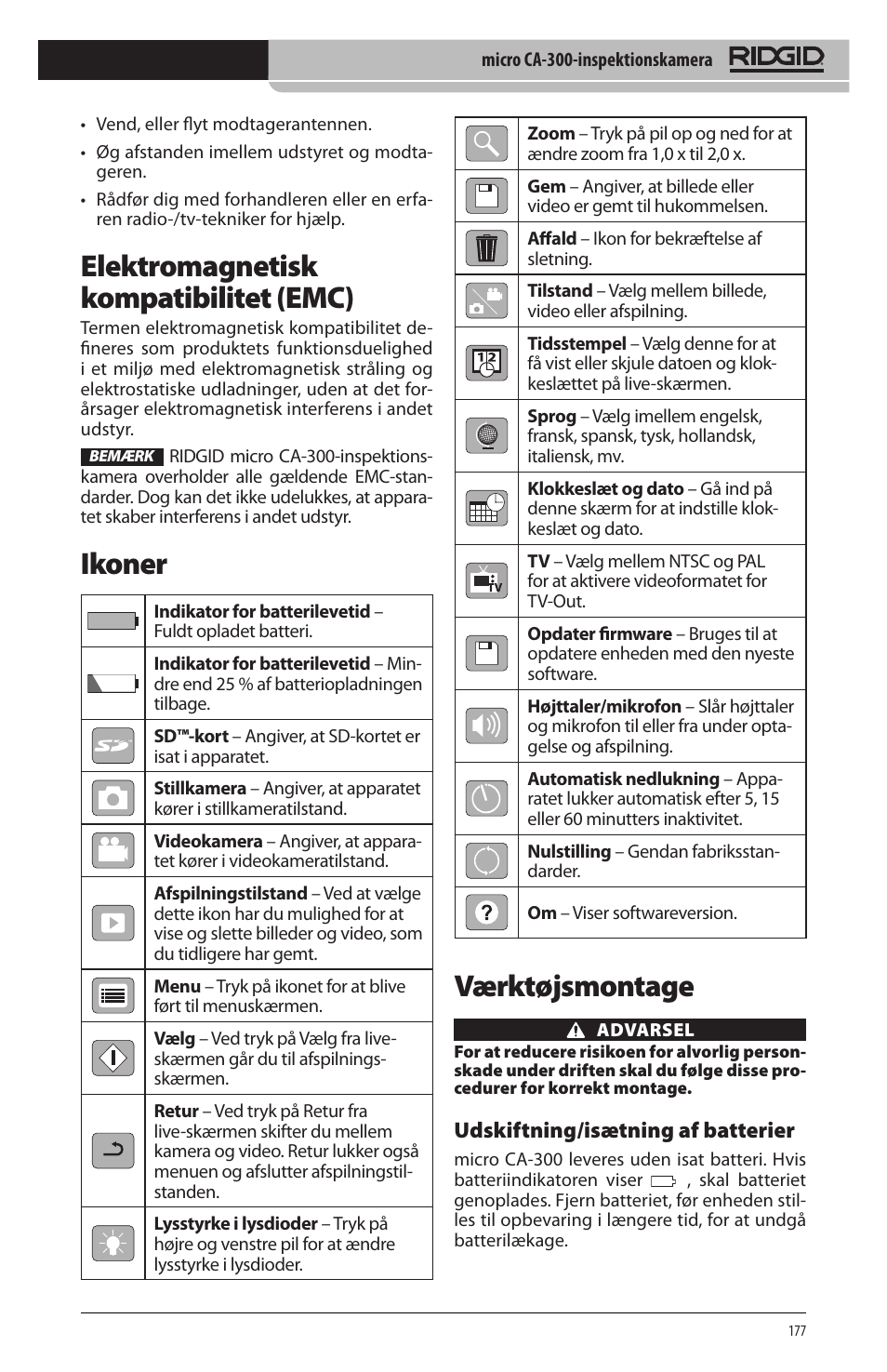 Værktøjsmontage, Elektromagnetisk kompatibilitet (emc), Ikoner | RIDGID micro CA-300 User Manual | Page 179 / 472