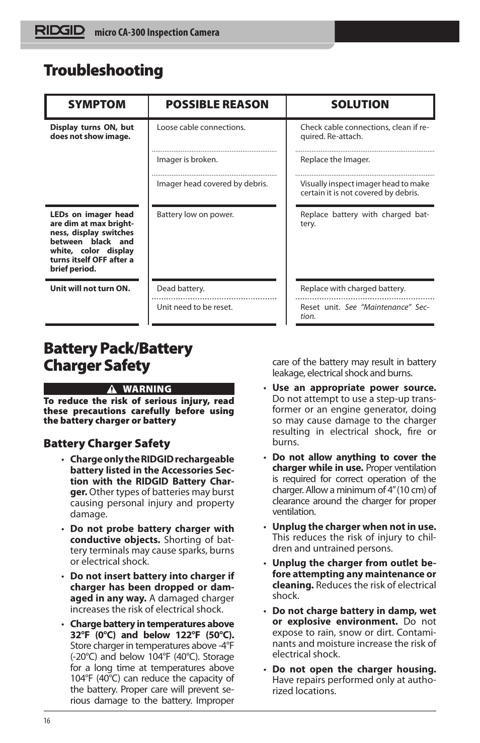 Battery charger safety, Symptom possible reason solution | RIDGID micro CA-300 User Manual | Page 18 / 472