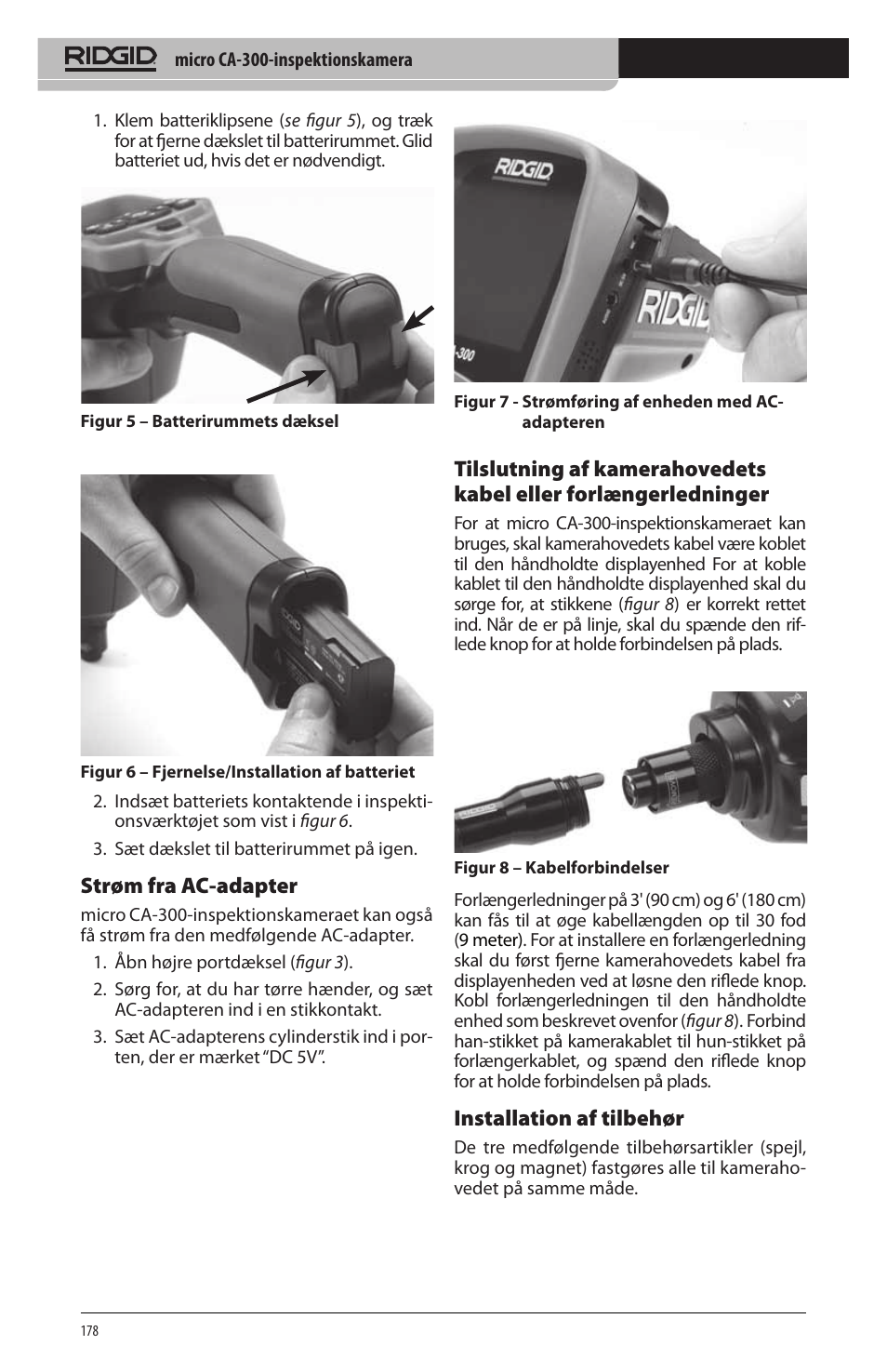 Strøm fra ac-adapter, Installation af tilbehør | RIDGID micro CA-300 User Manual | Page 180 / 472