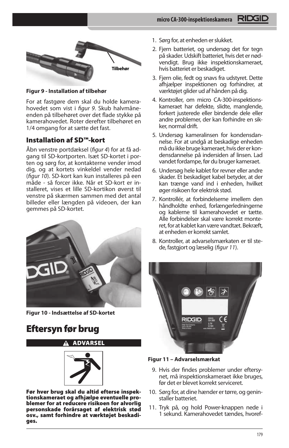 Eftersyn før brug, Installation af sd™-kort | RIDGID micro CA-300 User Manual | Page 181 / 472