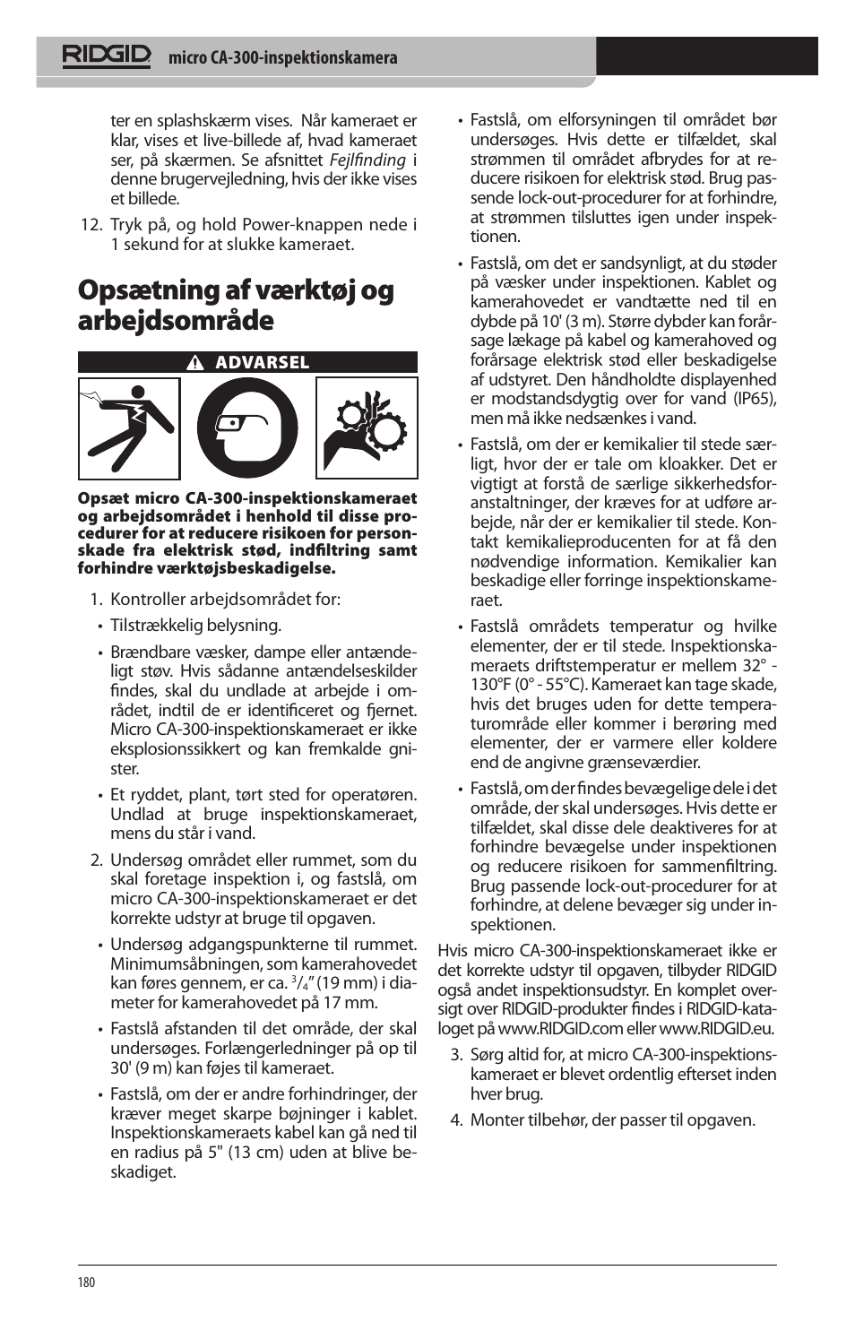 Opsætning af værktøj og arbejdsområde | RIDGID micro CA-300 User Manual | Page 182 / 472