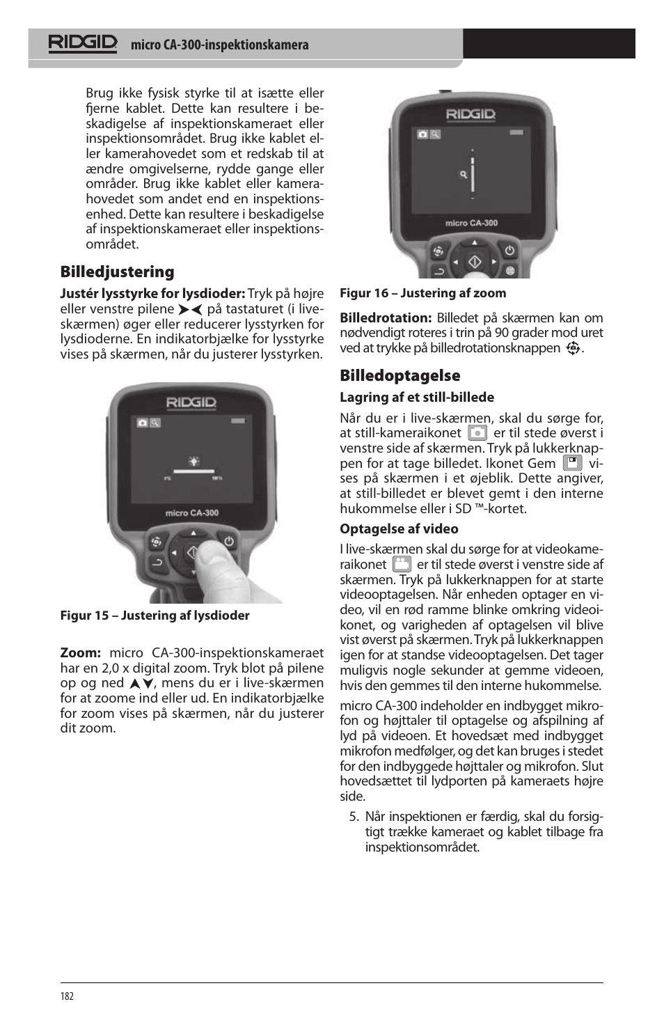 Billedjustering, Billedoptagelse | RIDGID micro CA-300 User Manual | Page 184 / 472
