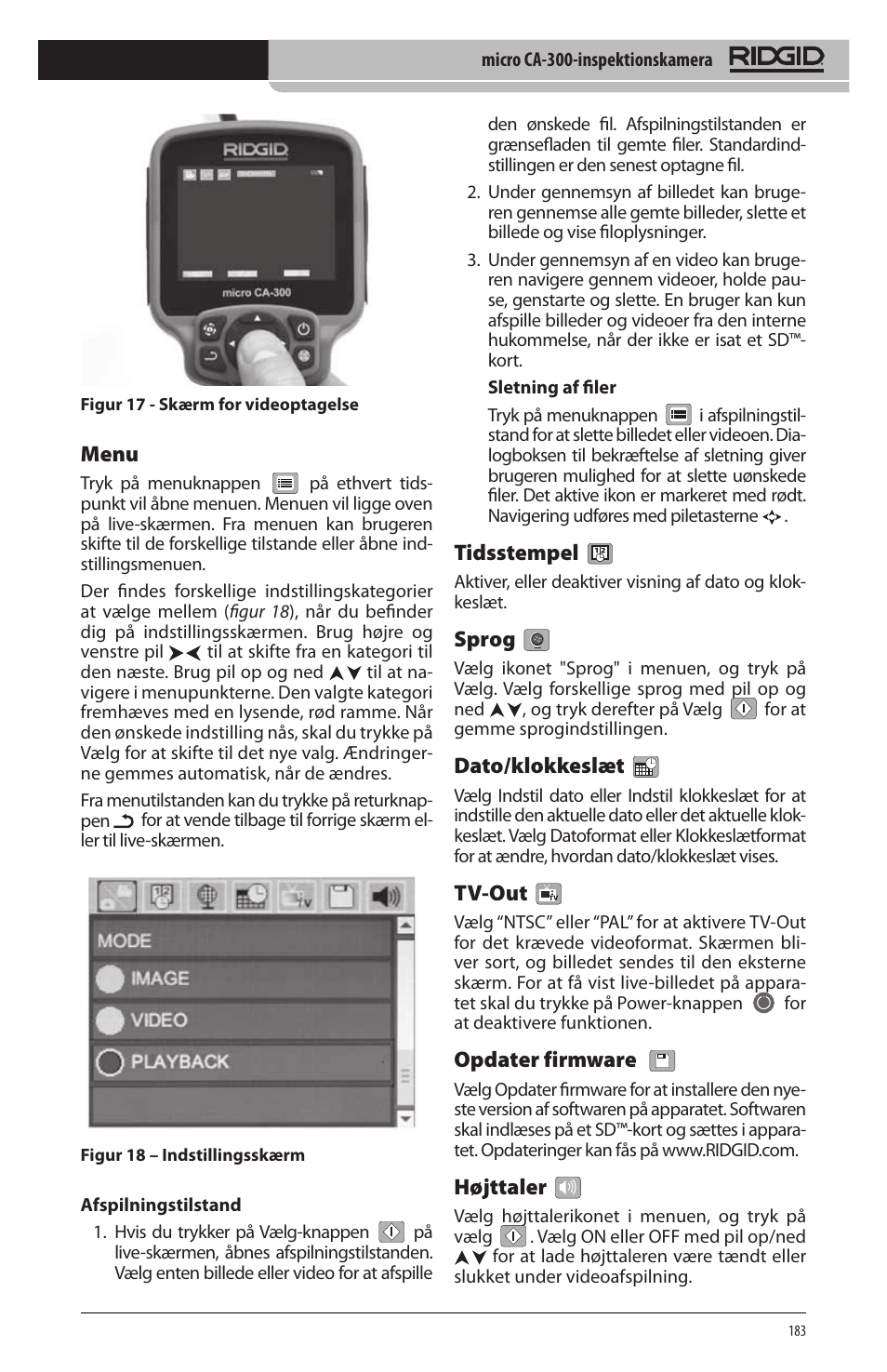 Menu, Tidsstempel, Sprog | Dato/klokkeslæt, Tv-out, Opdater firmware, Højttaler | RIDGID micro CA-300 User Manual | Page 185 / 472