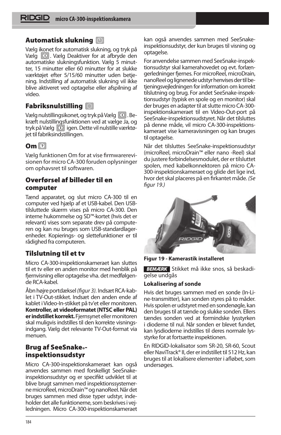 Automatisk slukning, Fabriksnulstilling, Overførsel af billeder til en computer | Tilslutning til et tv, Brug af seesnake, Inspektionsudstyr | RIDGID micro CA-300 User Manual | Page 186 / 472