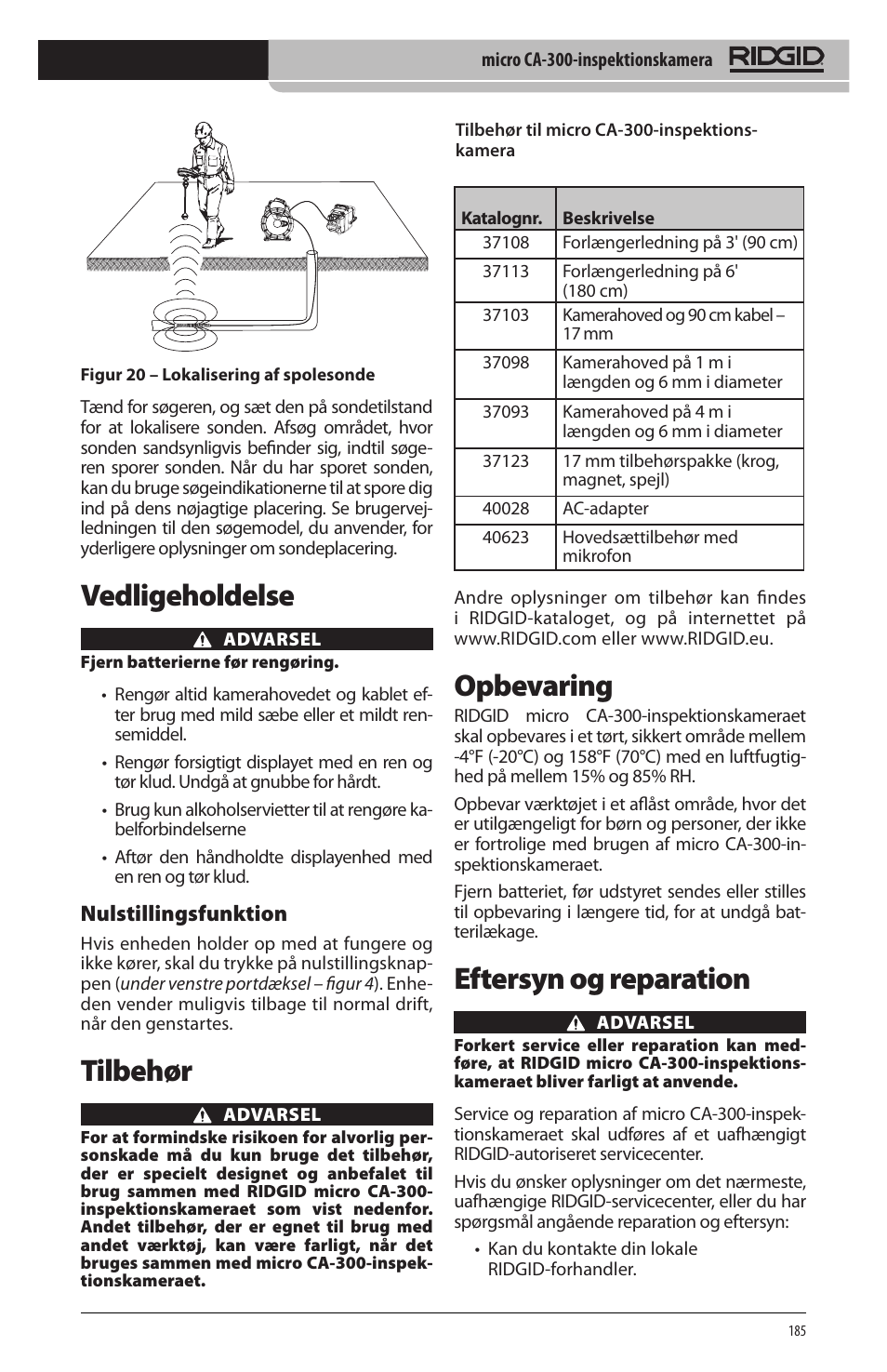 Vedligeholdelse, Tilbehør, Opbevaring | Eftersyn og reparation, Nulstillingsfunktion | RIDGID micro CA-300 User Manual | Page 187 / 472