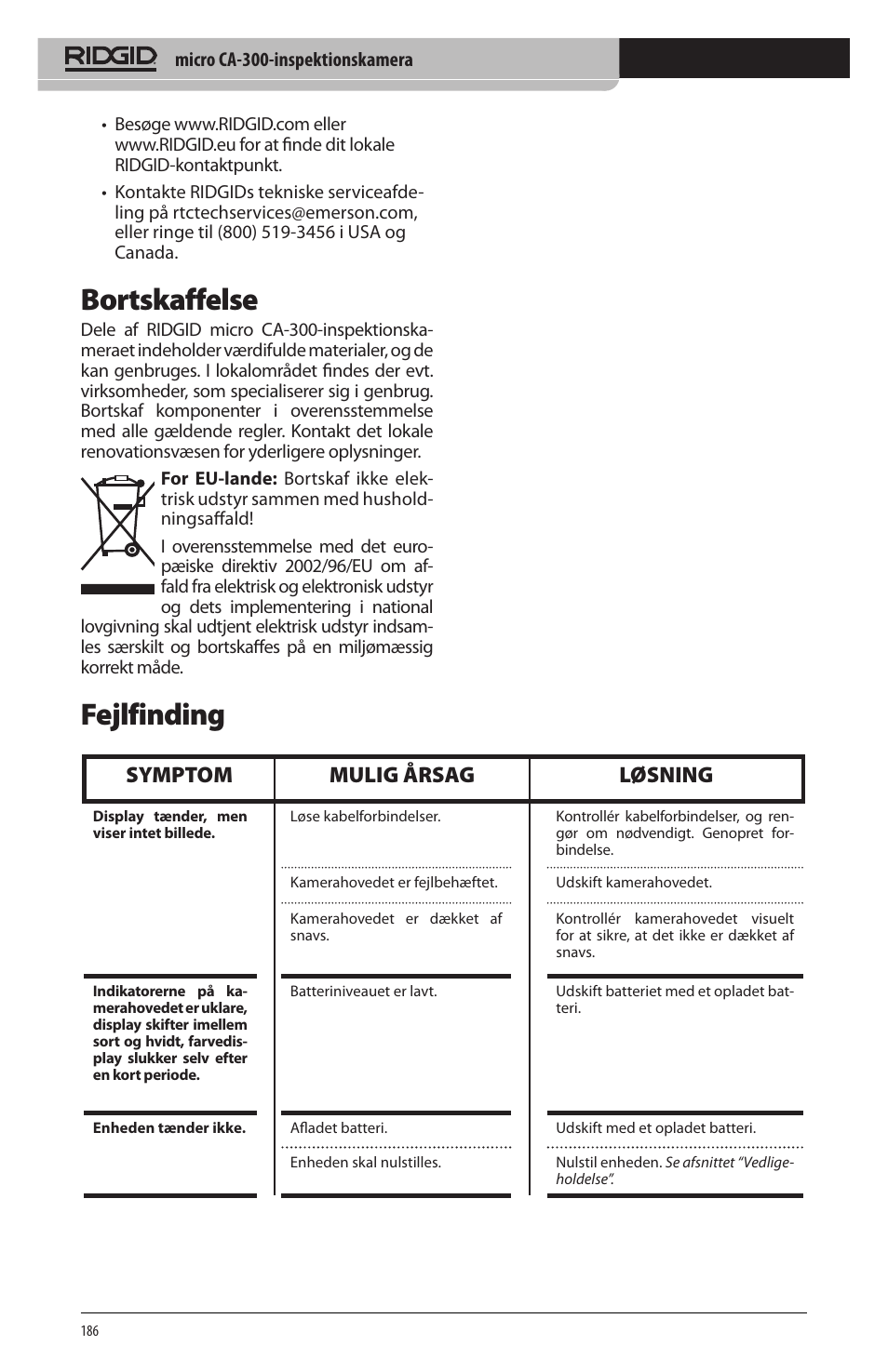 Bortskaffelse, Fejlfinding, Symptom mulig årsag løsning | RIDGID micro CA-300 User Manual | Page 188 / 472