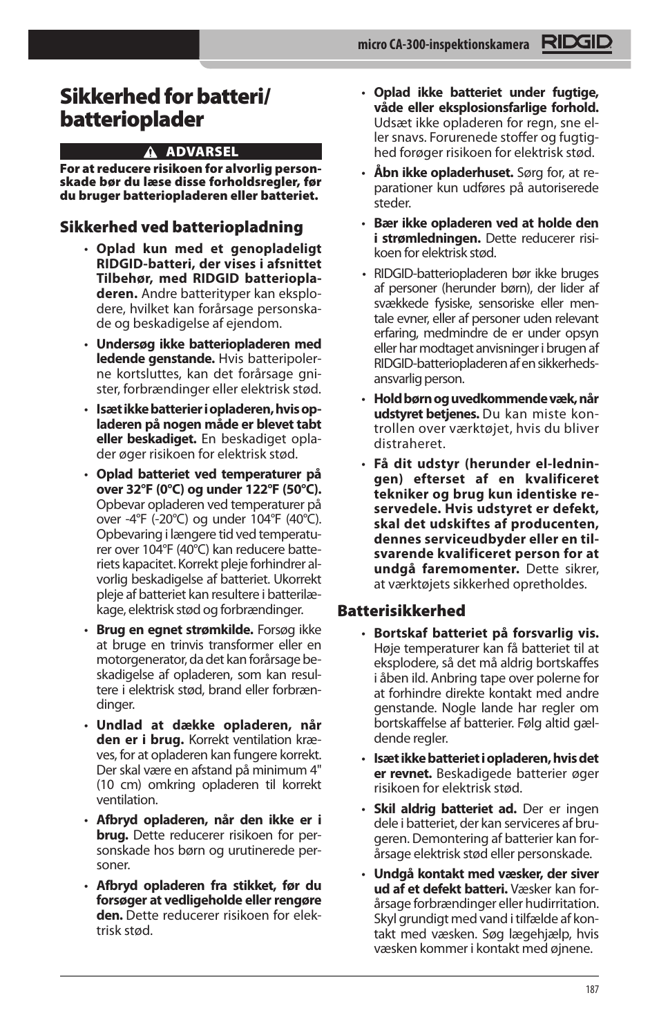 Sikkerhed for batteri/ batterioplader, Sikkerhed ved batteriopladning, Batterisikkerhed | RIDGID micro CA-300 User Manual | Page 189 / 472