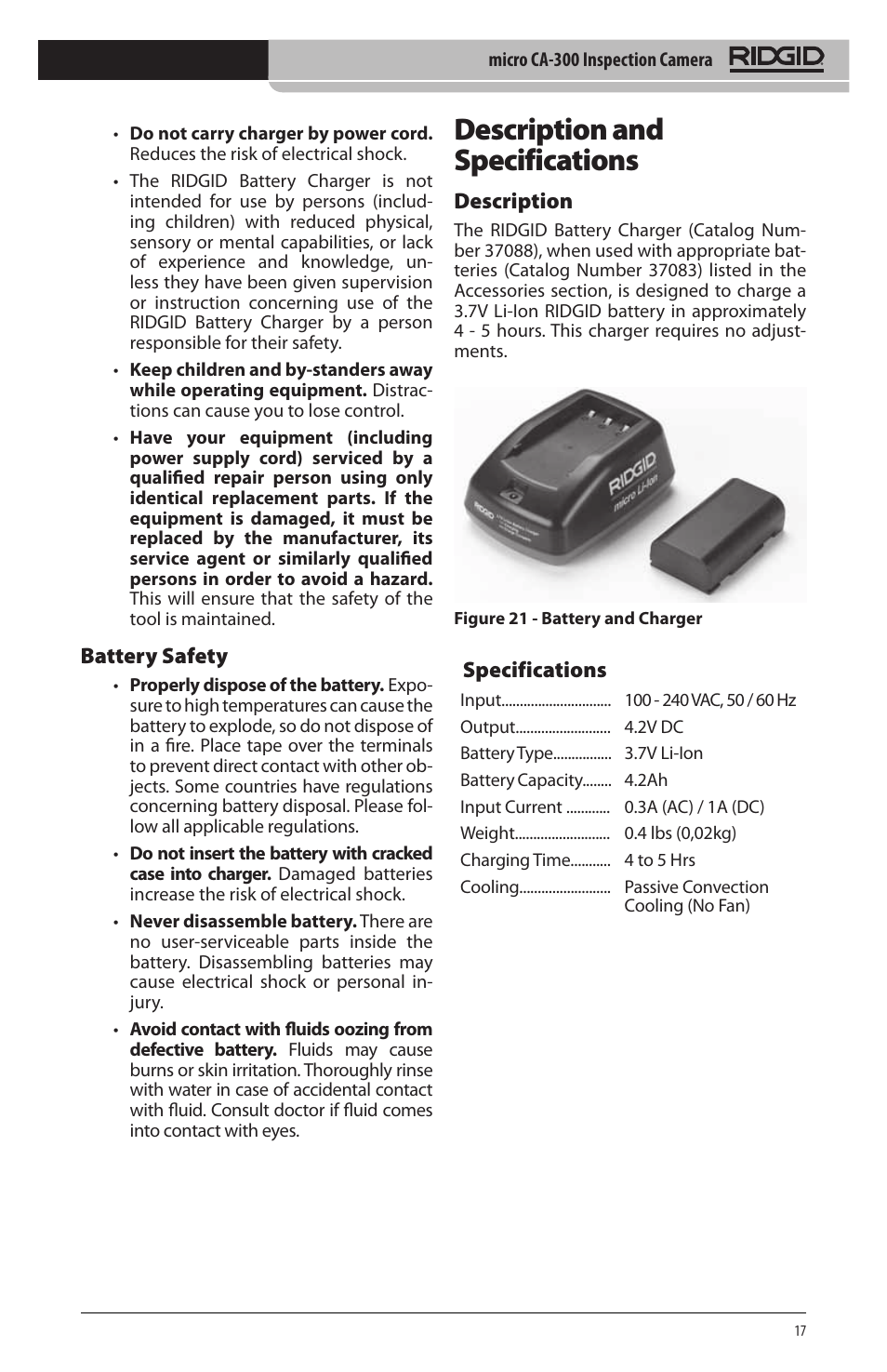 Description and specifications, Battery safety, Description | Specifications | RIDGID micro CA-300 User Manual | Page 19 / 472