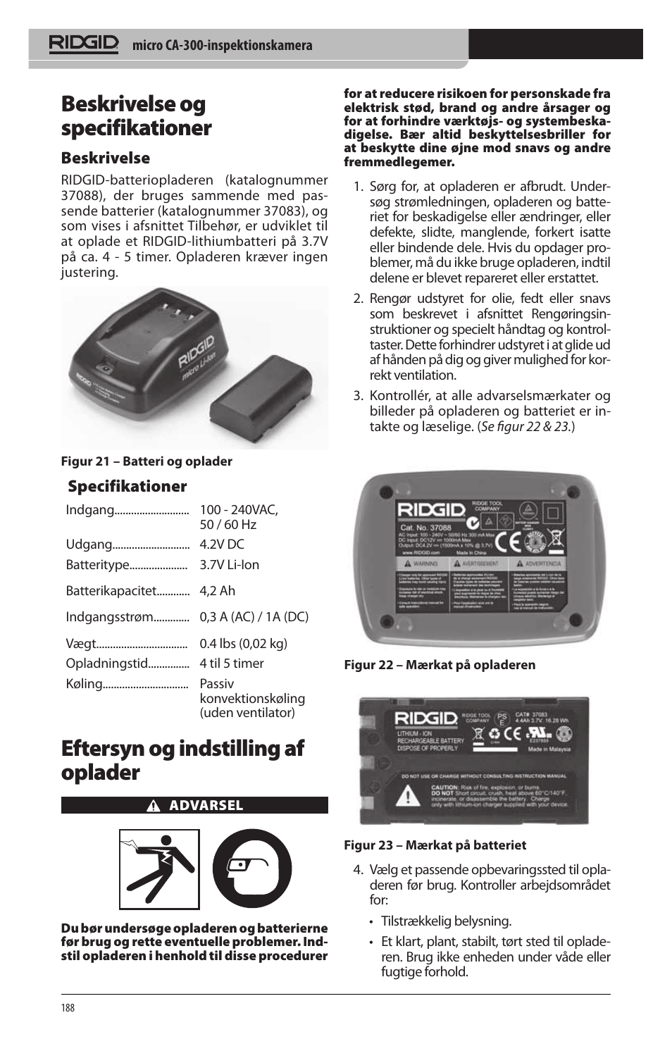 Beskrivelse og specifikationer, Eftersyn og indstilling af oplader | RIDGID micro CA-300 User Manual | Page 190 / 472