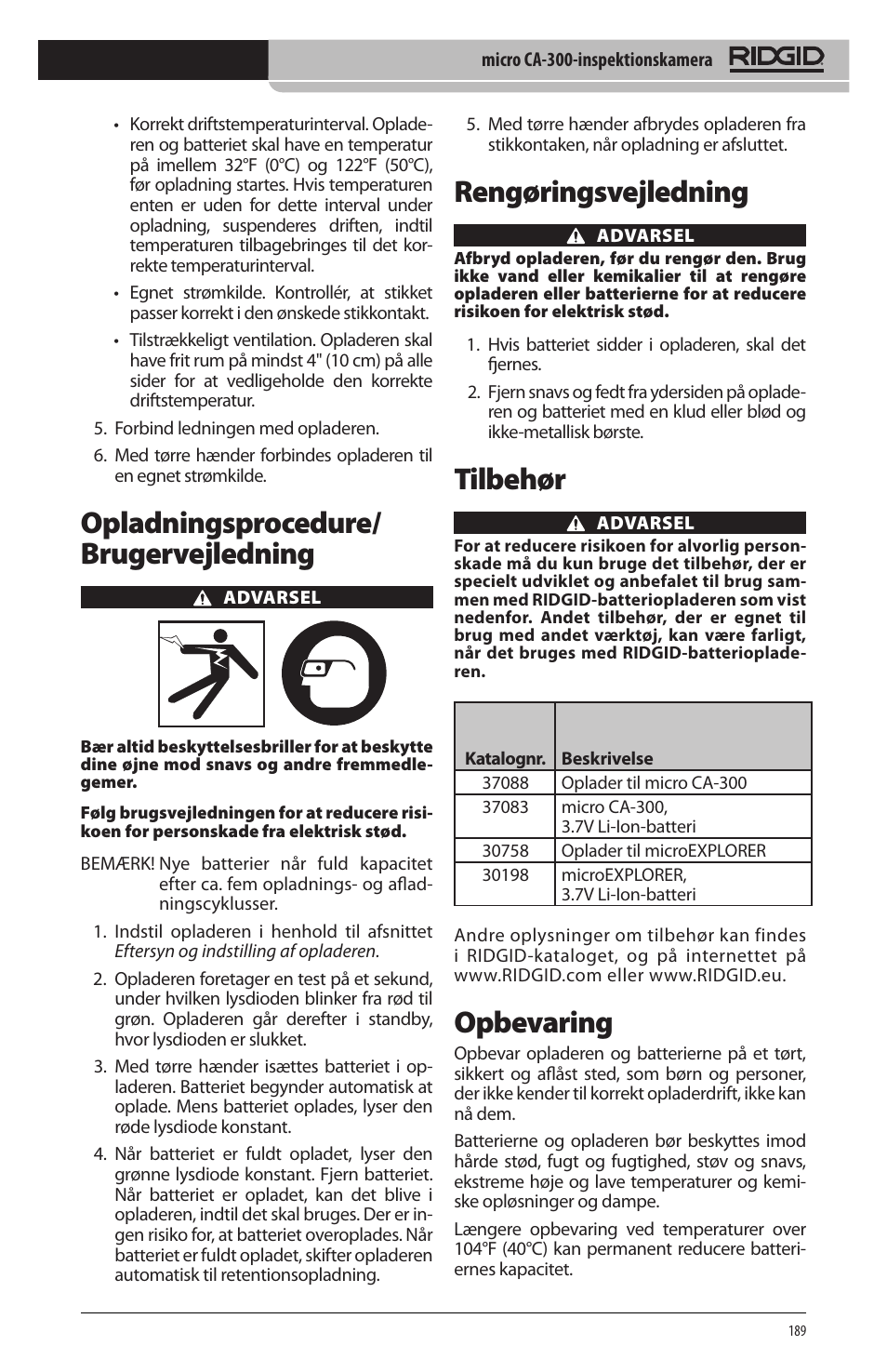 Opladningsprocedure/ brugervejledning, Rengøringsvejledning, Tilbehør | Opbevaring | RIDGID micro CA-300 User Manual | Page 191 / 472
