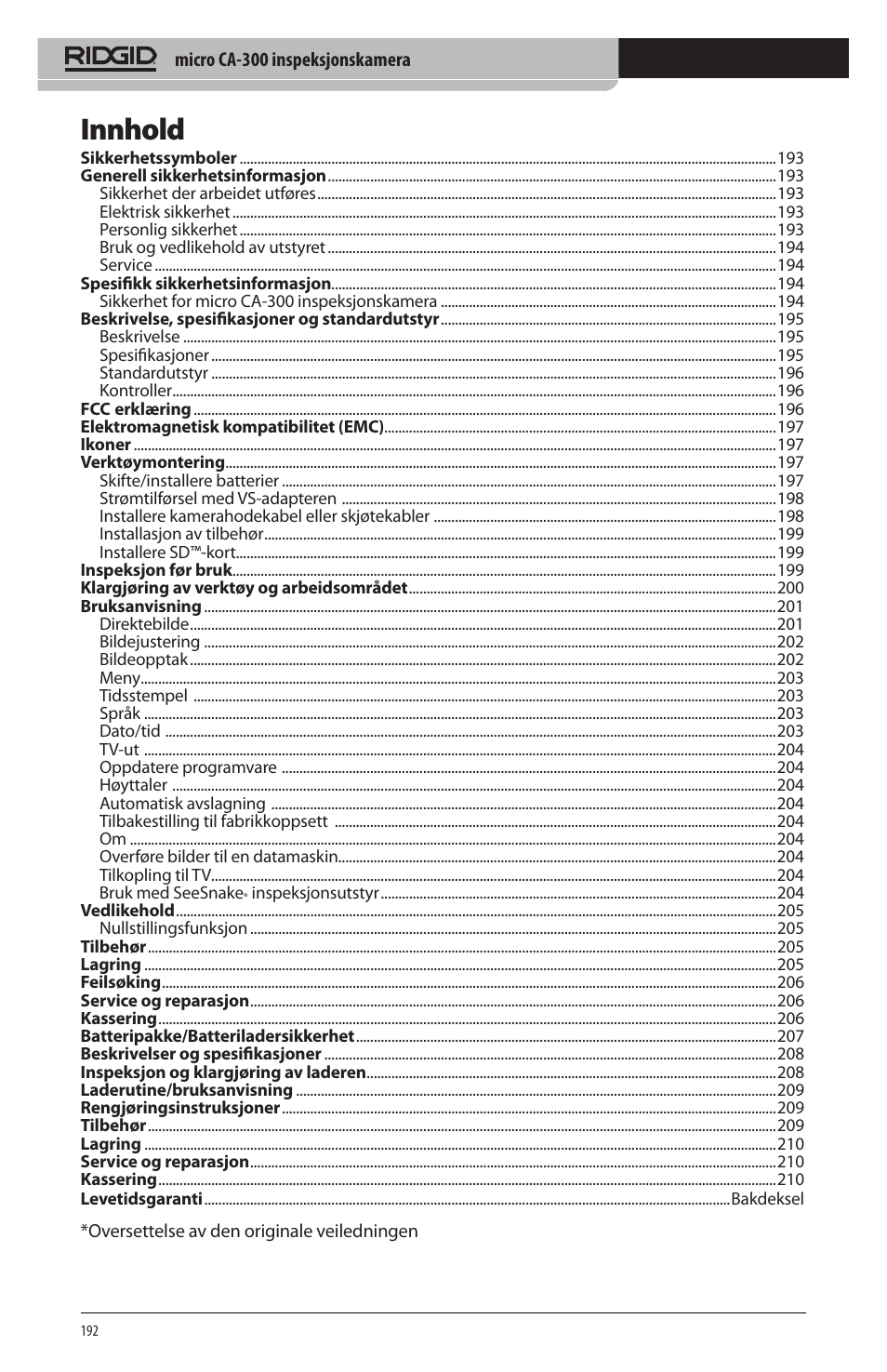 Innhold | RIDGID micro CA-300 User Manual | Page 194 / 472