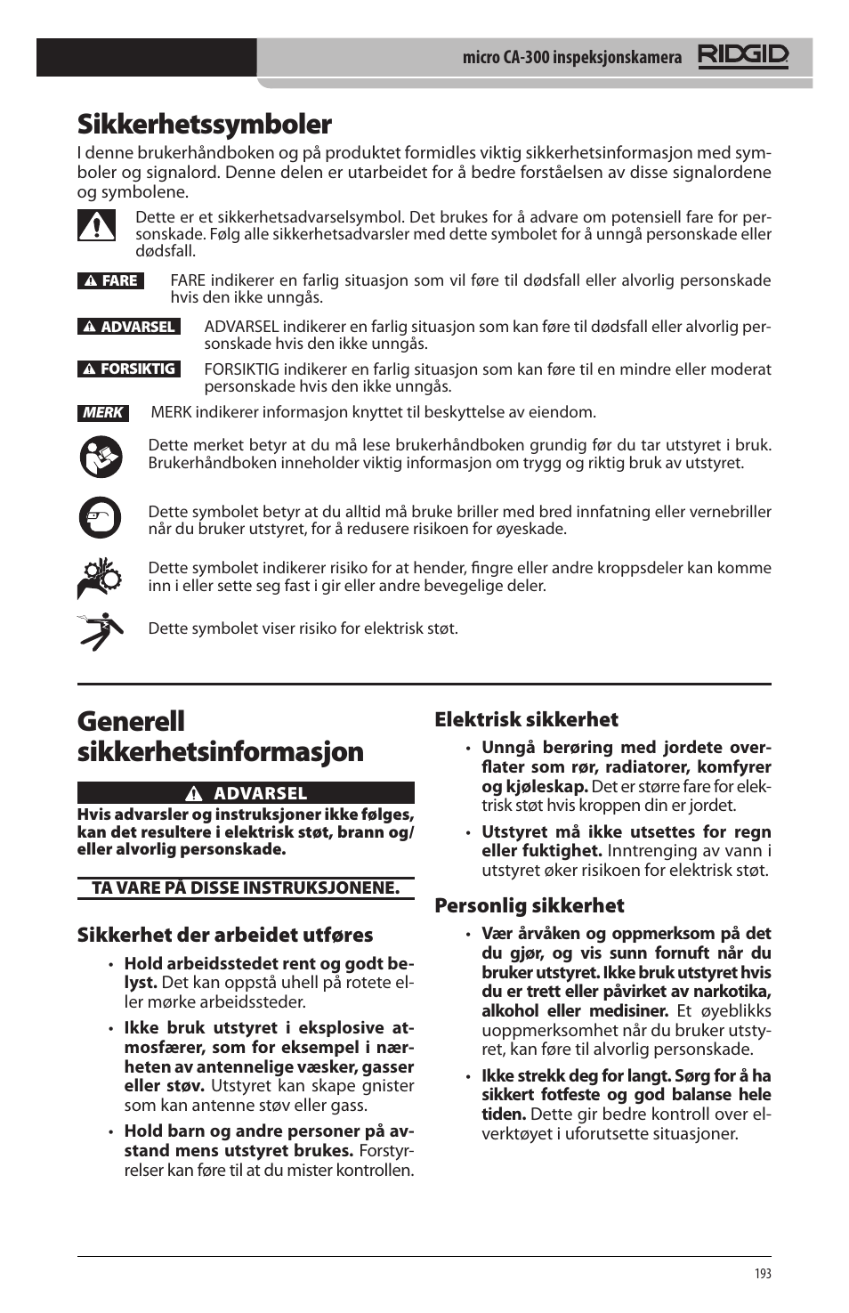 Sikkerhetssymboler, Generell sikkerhetsinformasjon, Sikkerhet der arbeidet utføres | Elektrisk sikkerhet, Personlig sikkerhet | RIDGID micro CA-300 User Manual | Page 195 / 472