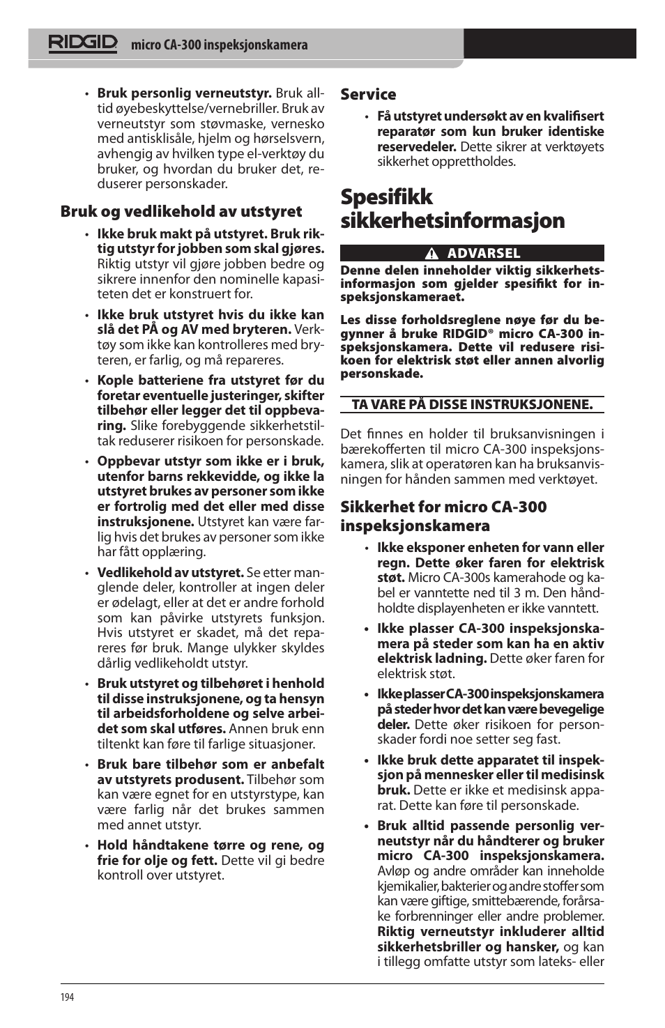 Spesifikk sikkerhetsinformasjon, Bruk og vedlikehold av utstyret, Service | Sikkerhet for micro ca‑300 inspeksjonskamera | RIDGID micro CA-300 User Manual | Page 196 / 472