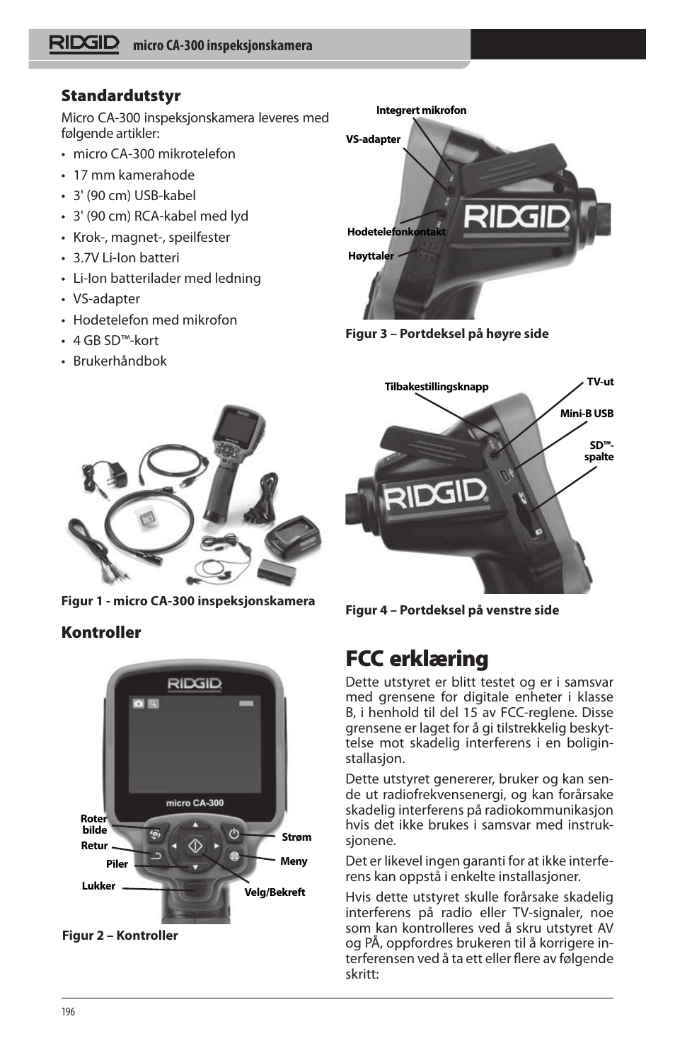 Fcc erklæring, Standardutstyr, Kontroller | RIDGID micro CA-300 User Manual | Page 198 / 472