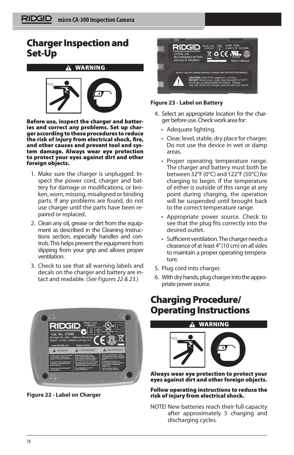 Charger inspection and set‑up, Charging procedure/ operating instructions | RIDGID micro CA-300 User Manual | Page 20 / 472