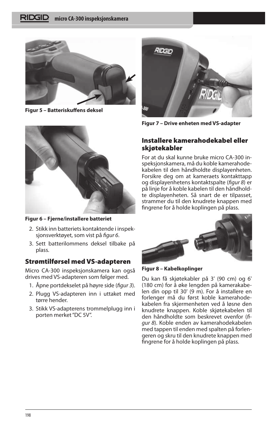 Strømtilførsel med vs‑adapteren, Installere kamerahodekabel eller skjøtekabler | RIDGID micro CA-300 User Manual | Page 200 / 472