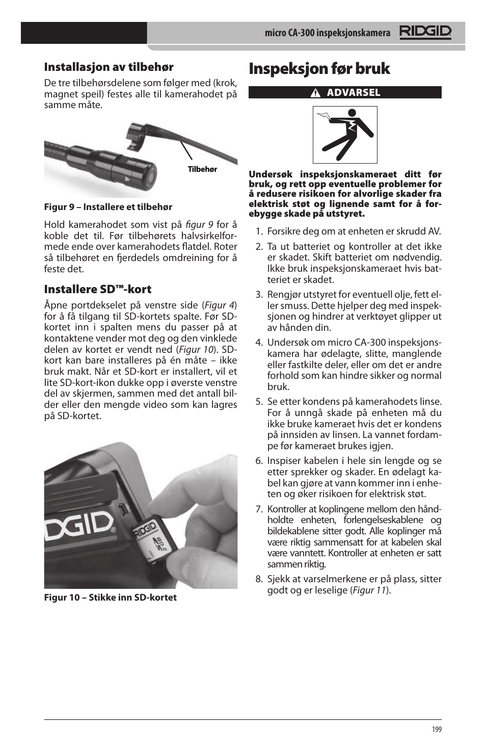 Inspeksjon før bruk, Installasjon av tilbehør, Installere sd™‑kort | RIDGID micro CA-300 User Manual | Page 201 / 472