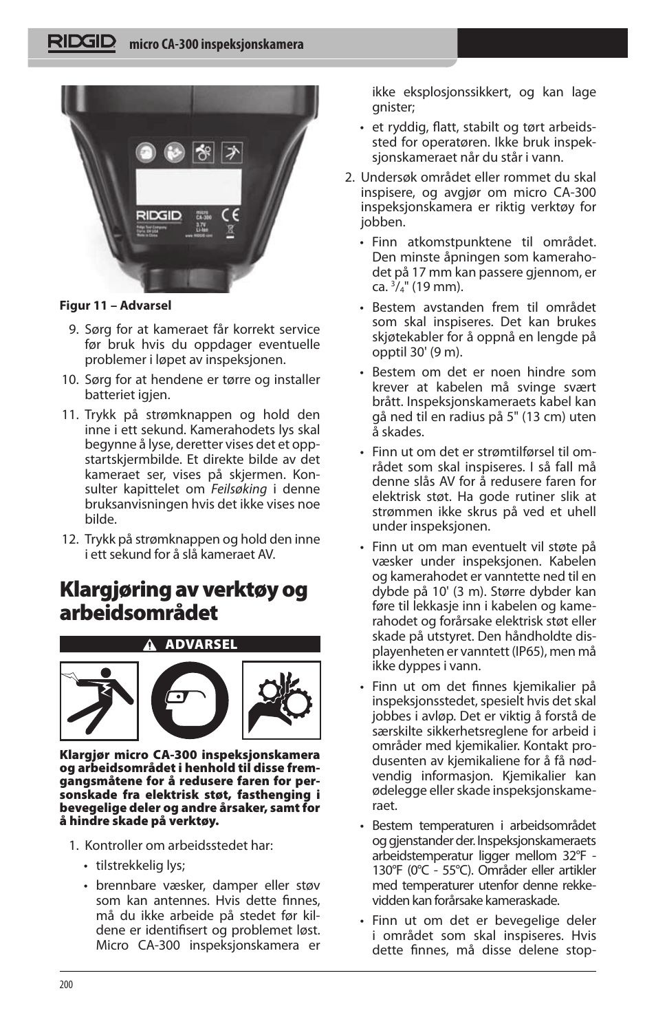 Klargjøring av verktøy og arbeidsområdet | RIDGID micro CA-300 User Manual | Page 202 / 472