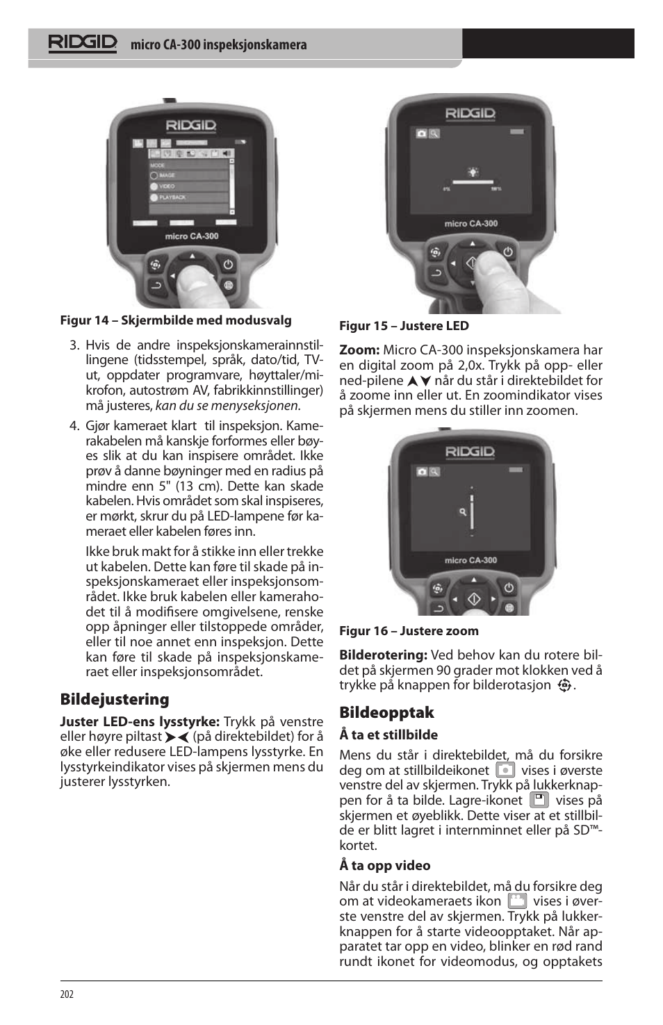 Bildejustering, Bildeopptak | RIDGID micro CA-300 User Manual | Page 204 / 472