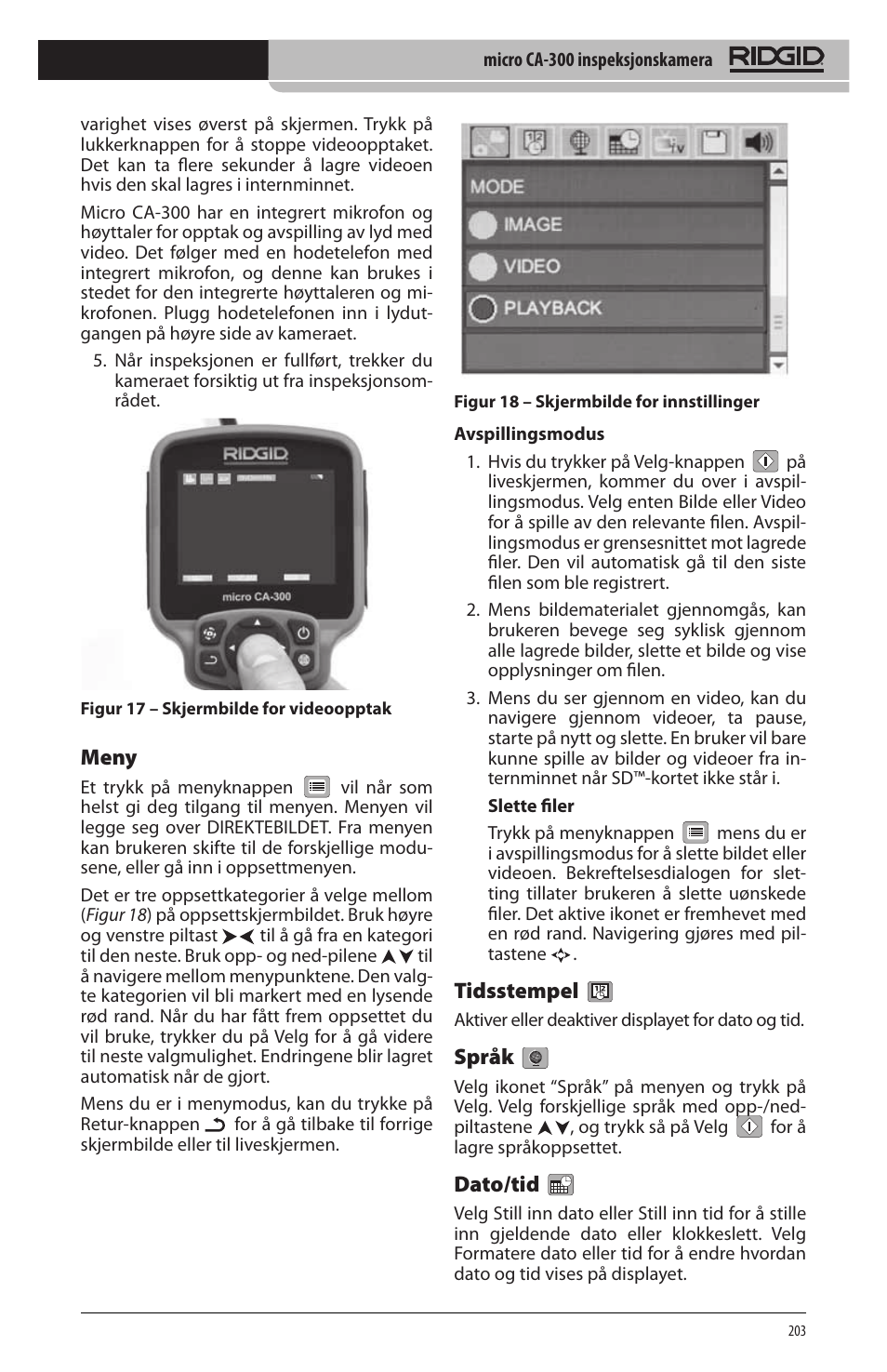 Meny, Tidsstempel, Språk | Dato/tid | RIDGID micro CA-300 User Manual | Page 205 / 472