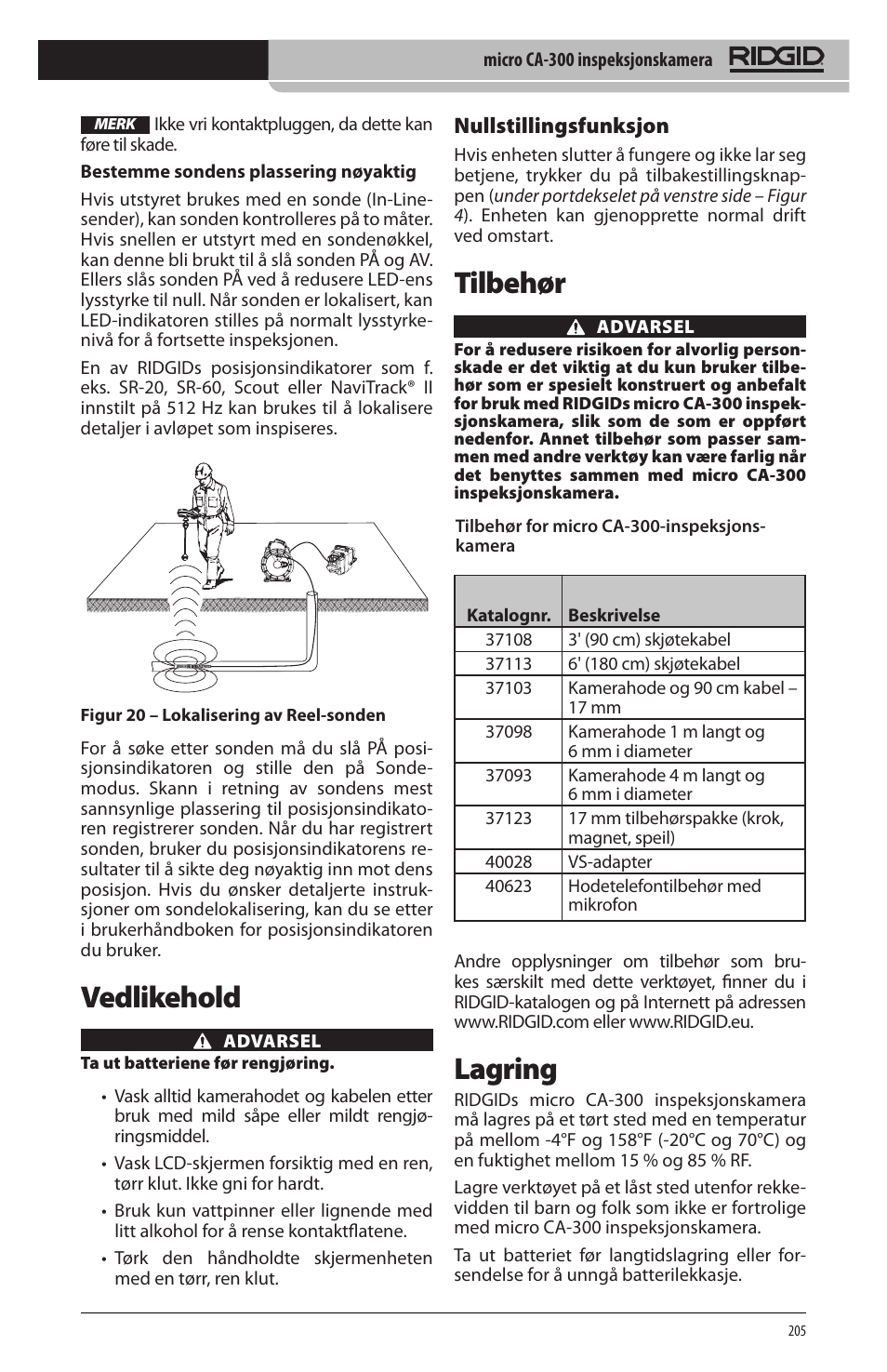 Vedlikehold, Tilbehør, Lagring | Nullstillingsfunksjon | RIDGID micro CA-300 User Manual | Page 207 / 472