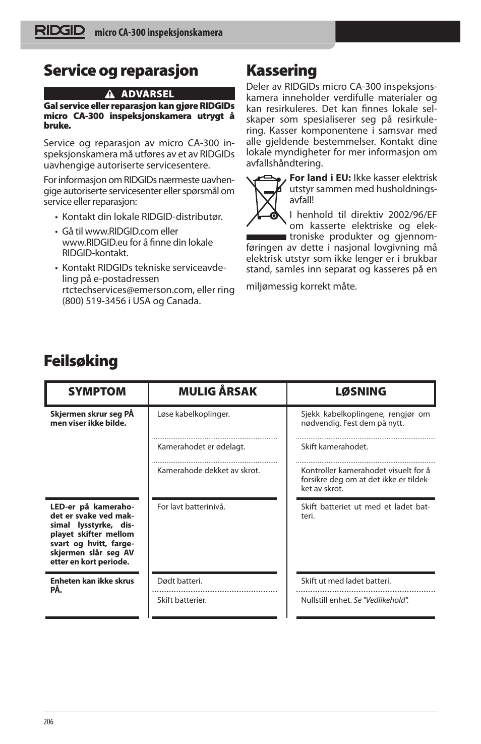 Service og reparasjon, Kassering, Feilsøking | Symptom mulig årsak løsning | RIDGID micro CA-300 User Manual | Page 208 / 472