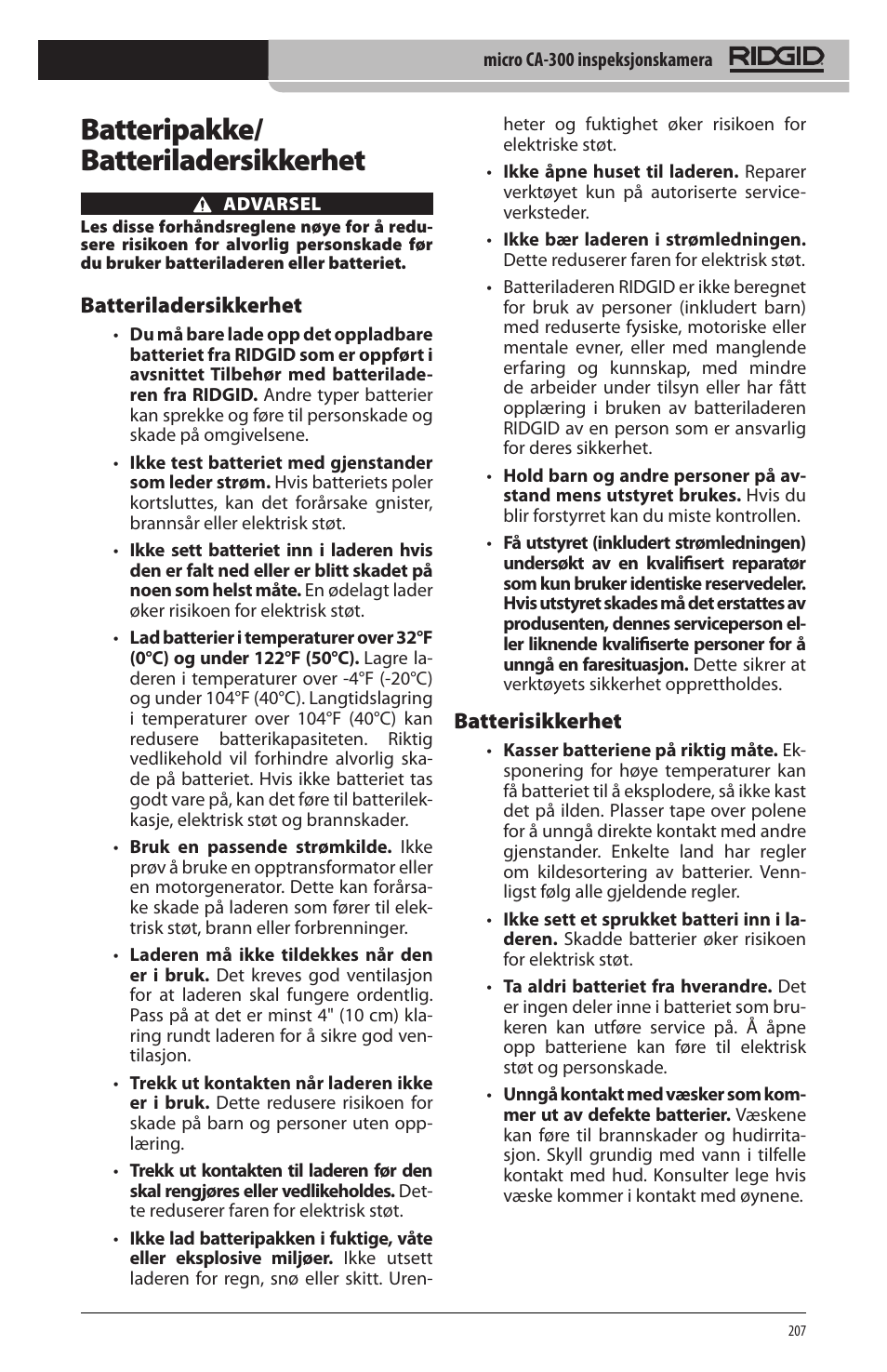 Batteripakke/ batteriladersikkerhet, Batteriladersikkerhet, Batterisikkerhet | RIDGID micro CA-300 User Manual | Page 209 / 472