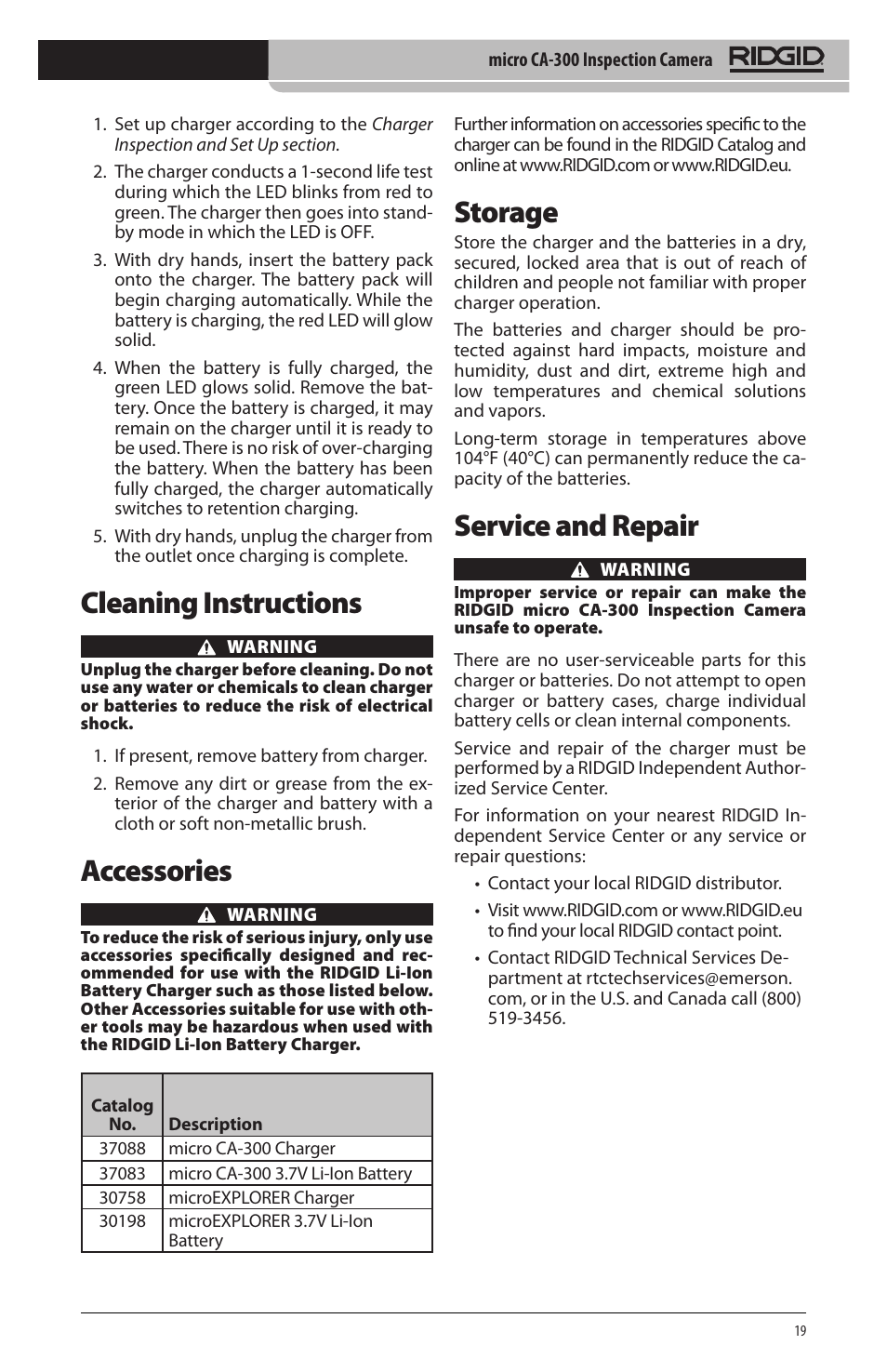 Cleaning instructions, Accessories, Storage | Service and repair | RIDGID micro CA-300 User Manual | Page 21 / 472