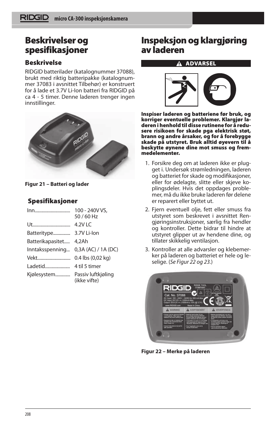 Beskrivelser og spesifikasjoner, Inspeksjon og klargjøring av laderen | RIDGID micro CA-300 User Manual | Page 210 / 472