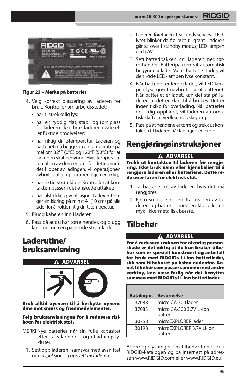 Laderutine/ bruksanvisning, Rengjøringsinstruksjoner, Tilbehør | RIDGID micro CA-300 User Manual | Page 211 / 472