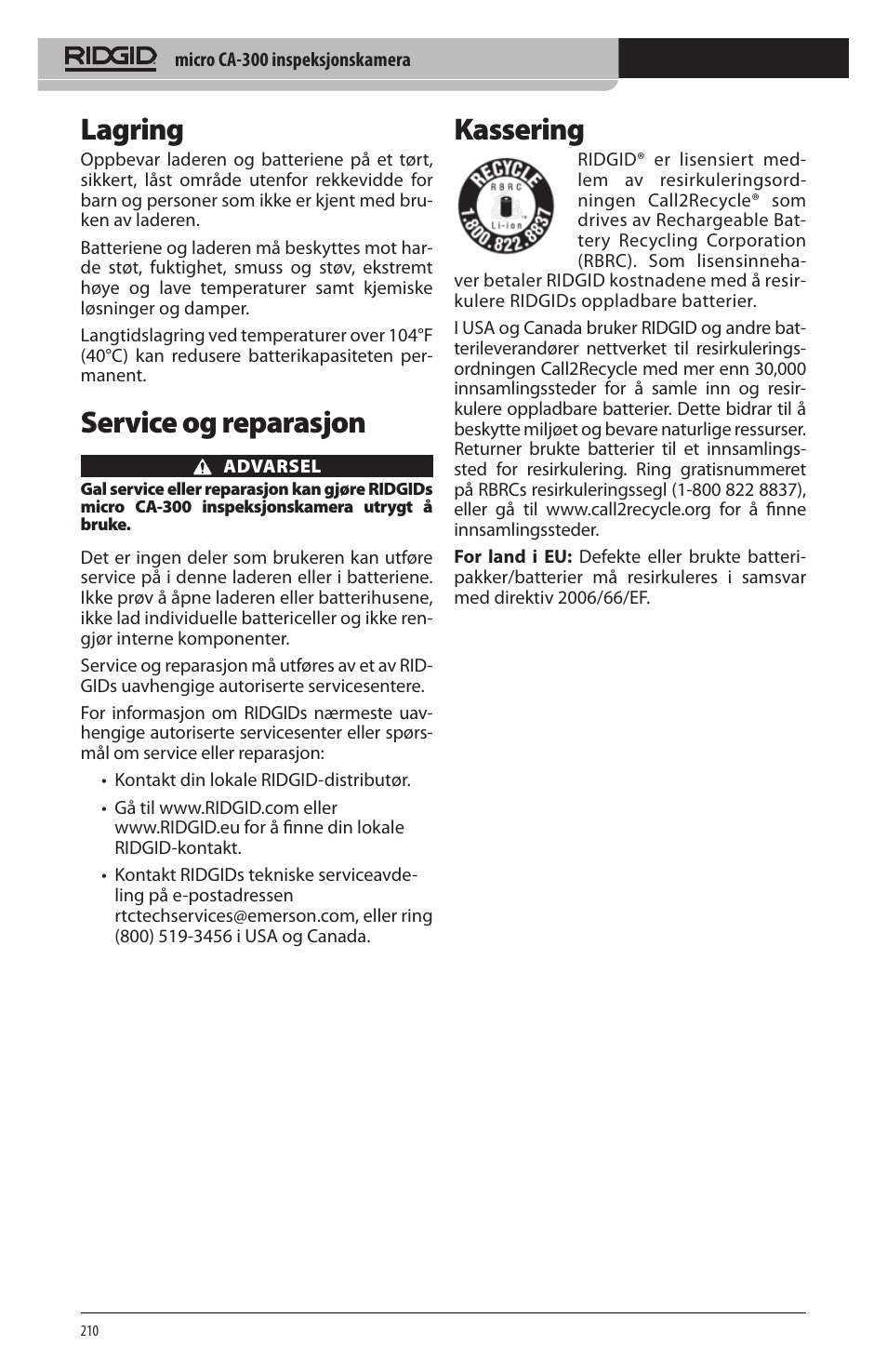 Lagring, Service og reparasjon, Kassering | RIDGID micro CA-300 User Manual | Page 212 / 472