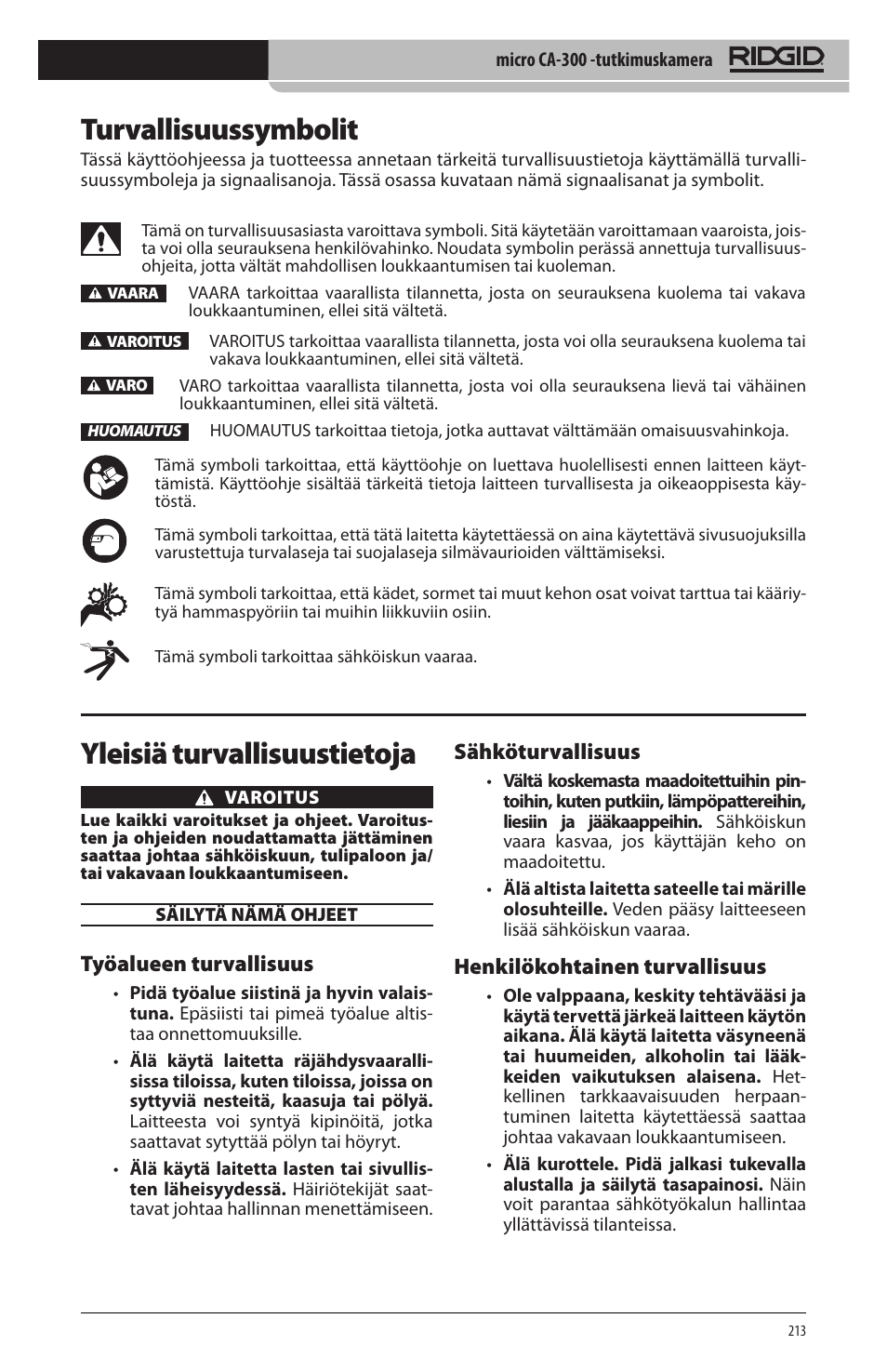 Turvallisuussymbolit, Yleisiä turvallisuustietoja, Työalueen turvallisuus | Sähköturvallisuus, Henkilökohtainen turvallisuus | RIDGID micro CA-300 User Manual | Page 215 / 472