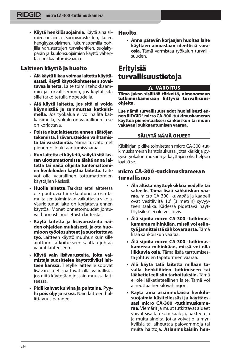 Erityisiä turvallisuustietoja, Laitteen käyttö ja huolto, Huolto | Micro ca‑300 ‑tutkimuskameran turvallisuus | RIDGID micro CA-300 User Manual | Page 216 / 472