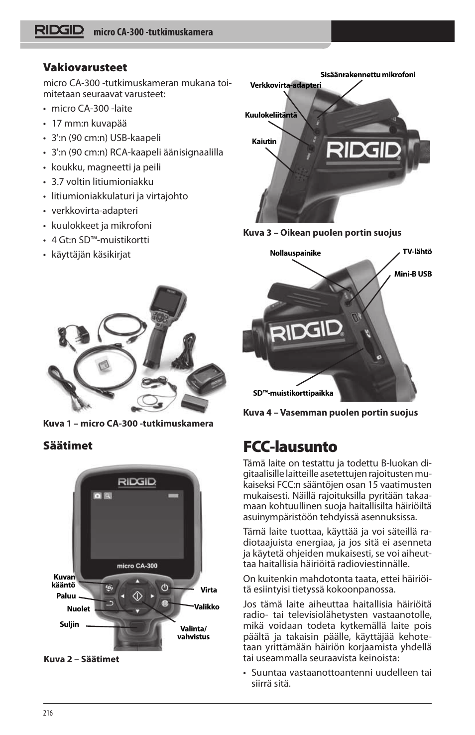 Fcc‑lausunto, Vakiovarusteet, Säätimet | RIDGID micro CA-300 User Manual | Page 218 / 472