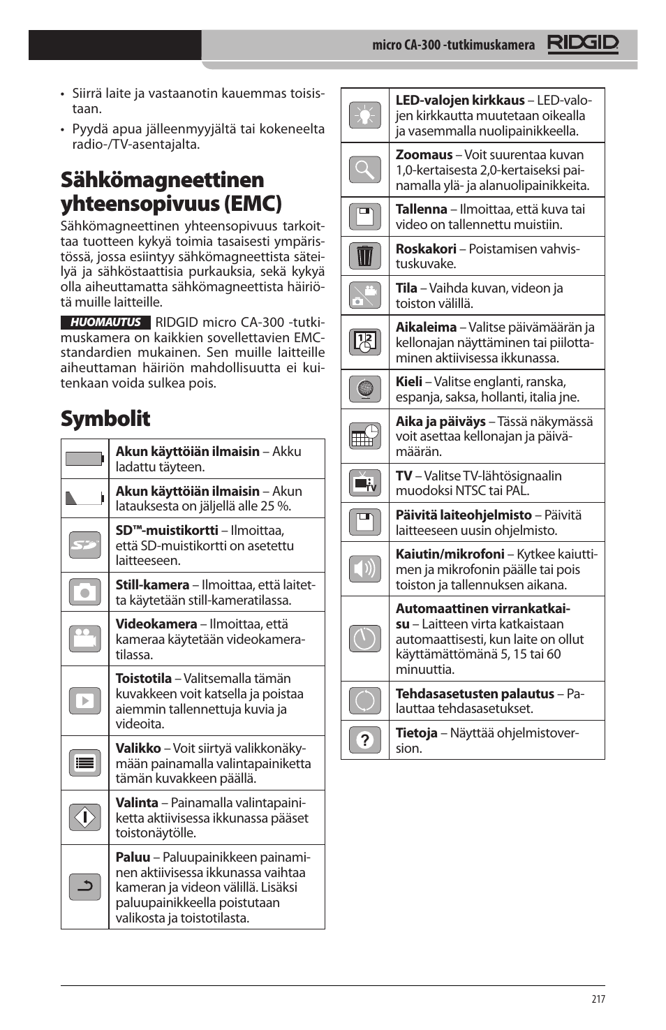 Sähkömagneettinen yhteensopivuus (emc), Symbolit | RIDGID micro CA-300 User Manual | Page 219 / 472