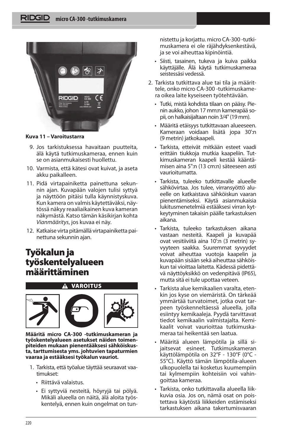 Työkalun ja työskentelyalueen määrittäminen | RIDGID micro CA-300 User Manual | Page 222 / 472