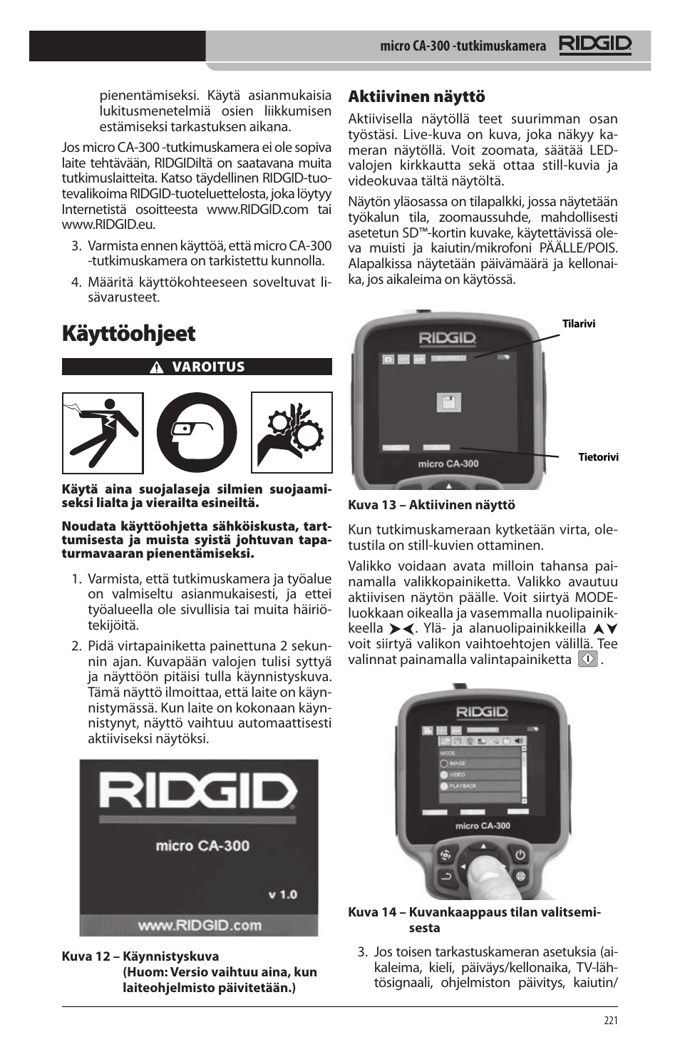 Käyttöohjeet, Aktiivinen näyttö | RIDGID micro CA-300 User Manual | Page 223 / 472