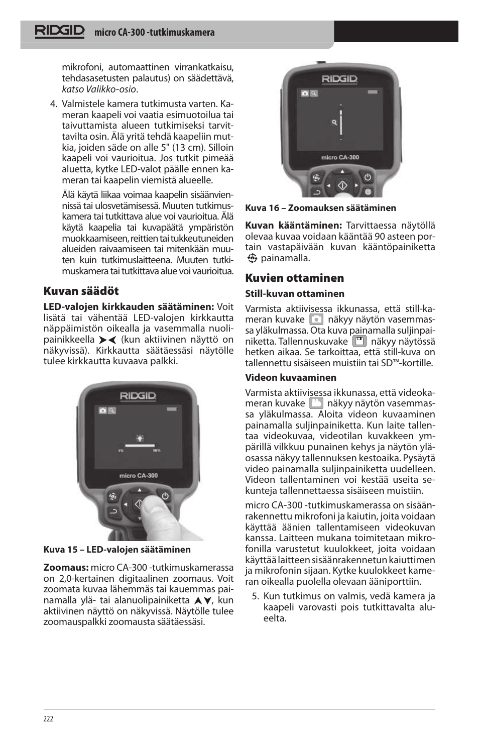 Kuvan säädöt, Kuvien ottaminen | RIDGID micro CA-300 User Manual | Page 224 / 472